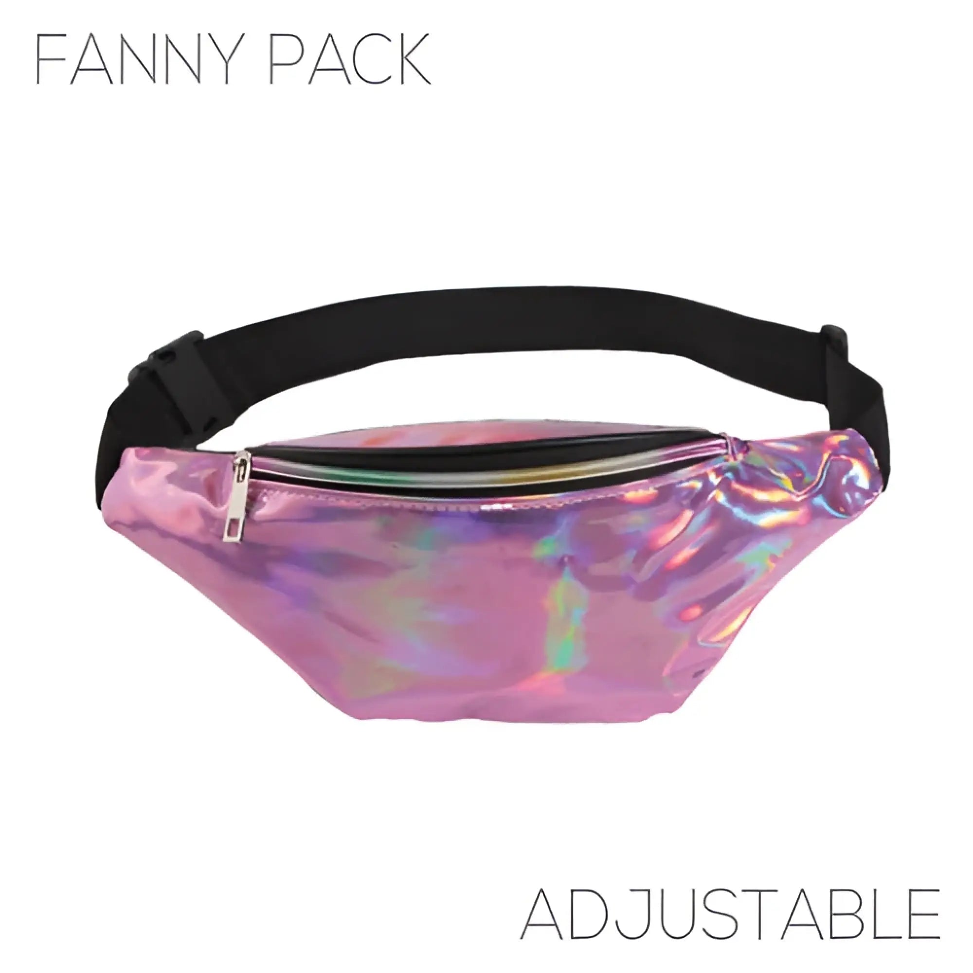 Holographic fanny pack in pink with a black adjustable strap featuring a shiny iridescent finish