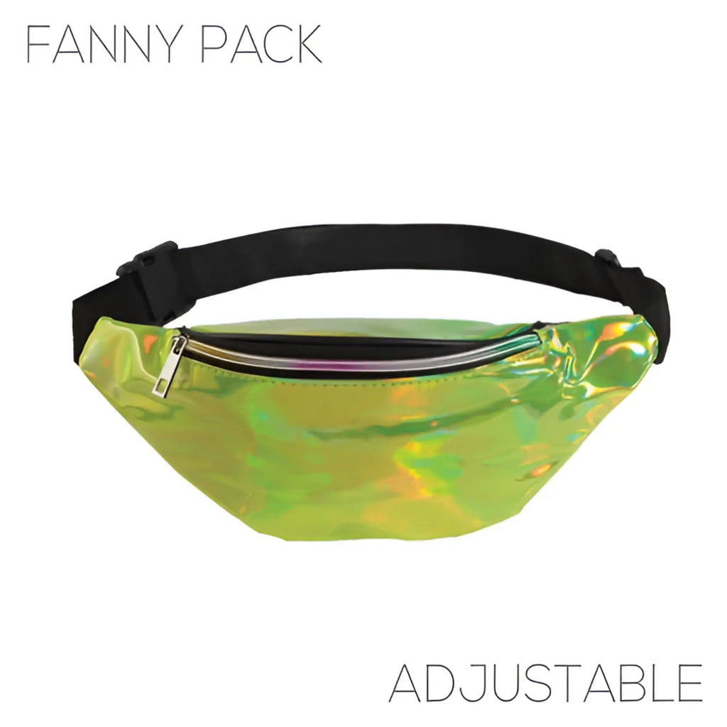 A shiny holographic green fanny pack with a black adjustable strap and silver zipper in five colors