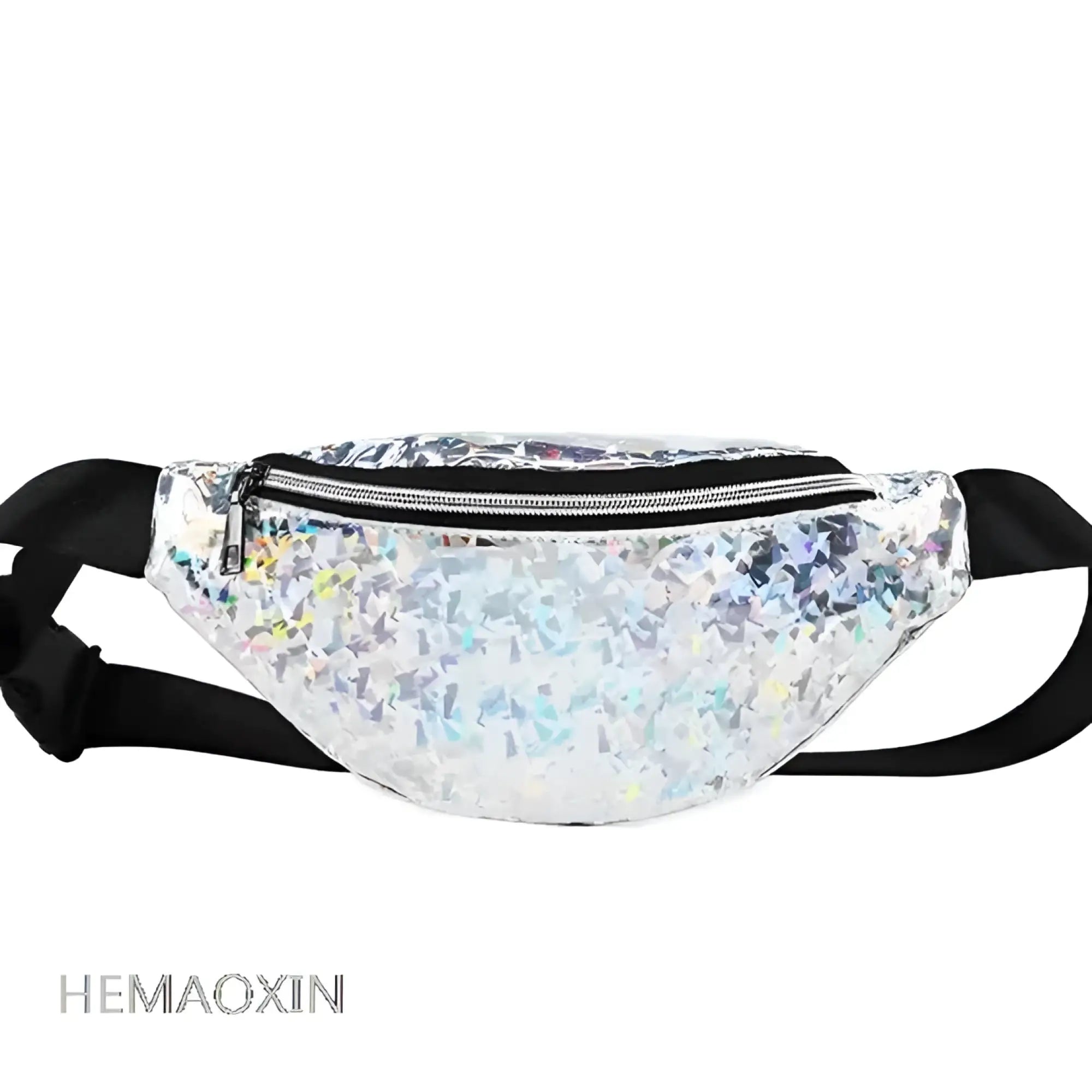 A shimmering holographic fanny pack with a black zipper and adjustable strap for hands-free carrying