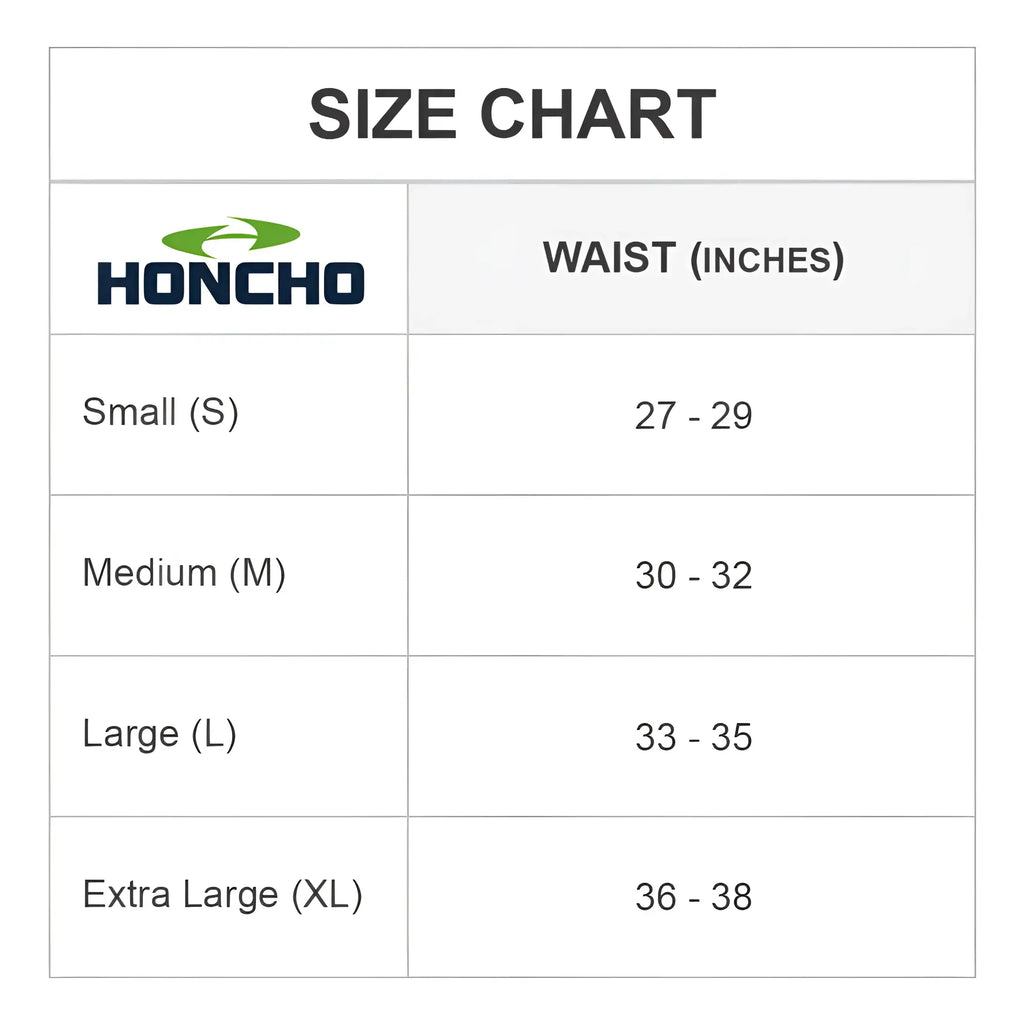 Honcho HOK012 thong size chart showing waist measurements for small medium large and extra large sizes