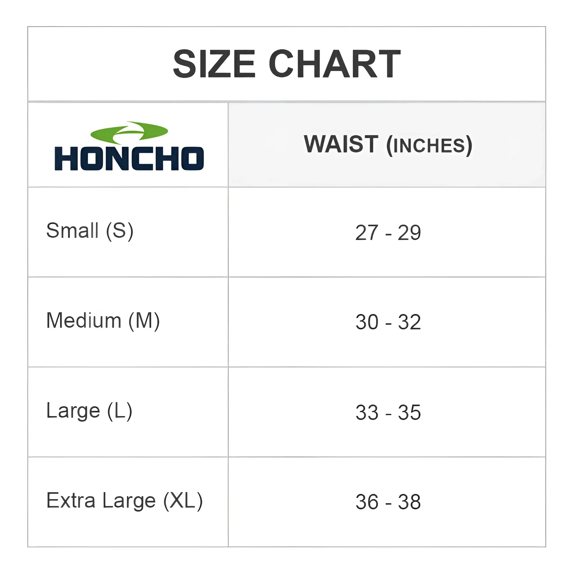 Honcho HOK012 thong size chart showing waist measurements for small medium large and extra large sizes