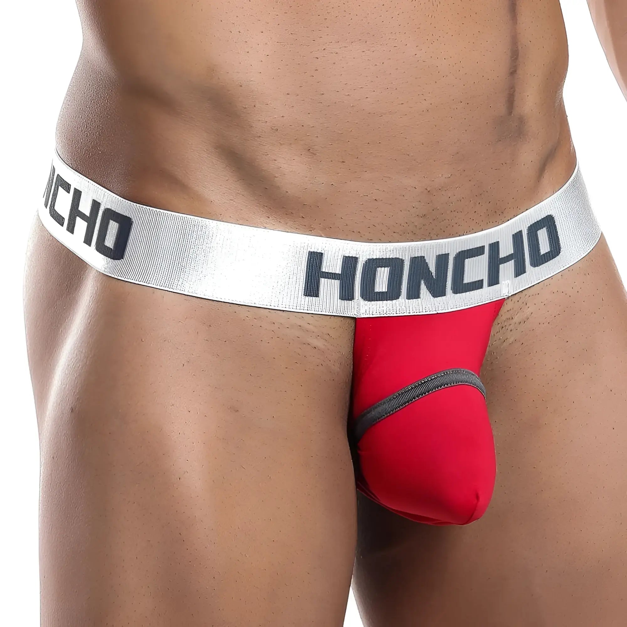 Red honcho hok012 thong jockstrap with silver waistband and black lettering for support and comfort
