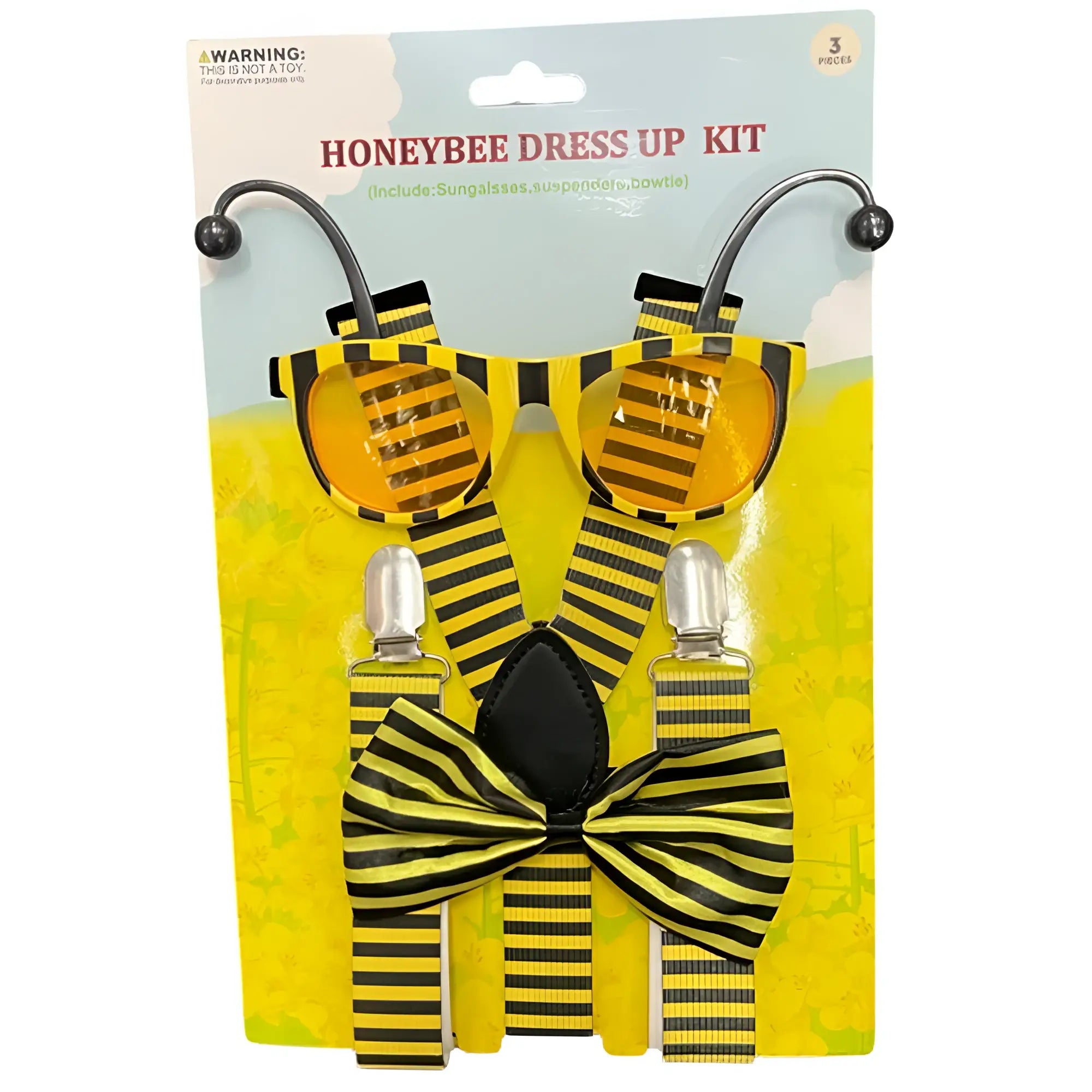 Honeybee dress-up kit with yellow and black striped fabric suspenders bow tie and sunglasses for costume play