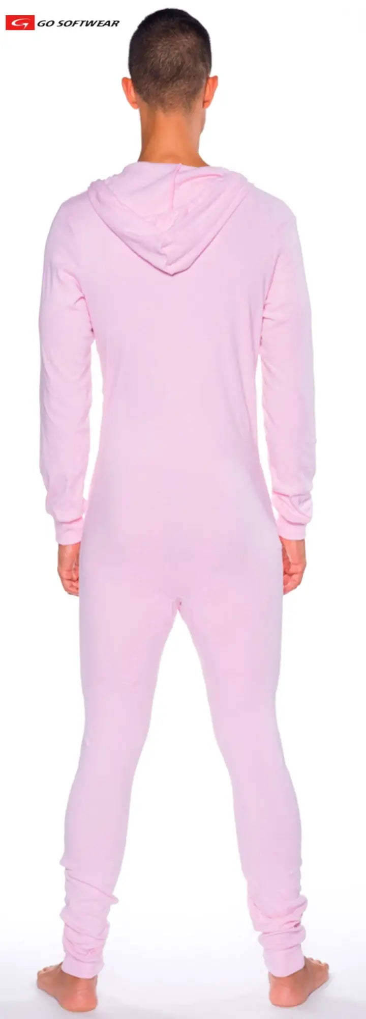 Pink long-sleeved hooded union suit with pockets made of soft fabric for comfortable all-in-one wear