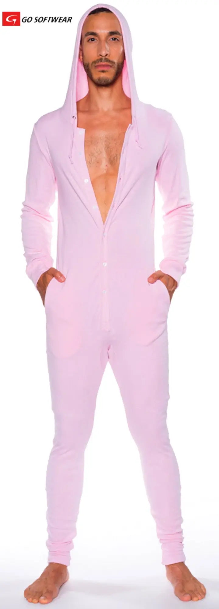 Pink hooded union suit one-piece jumpsuit with zipper front and side pockets designed for comfortable wear