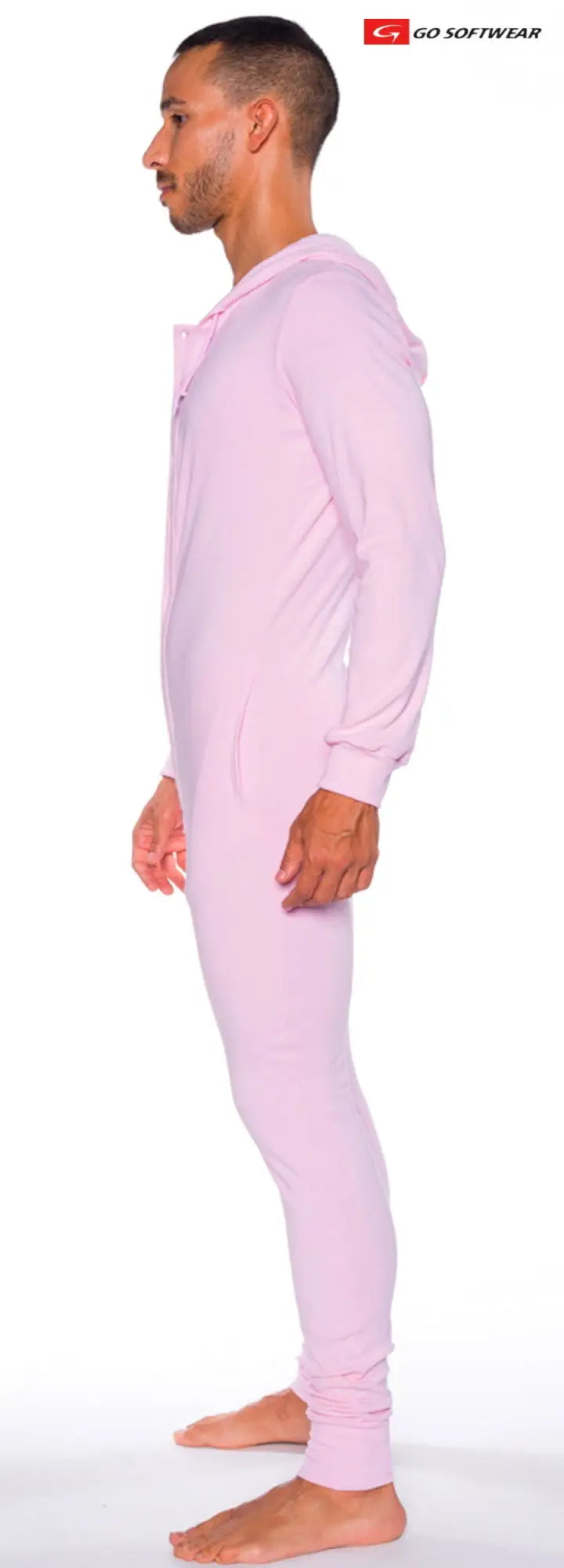 A soft lavender hooded union suit pajama set with full-body coverage long sleeves and pockets