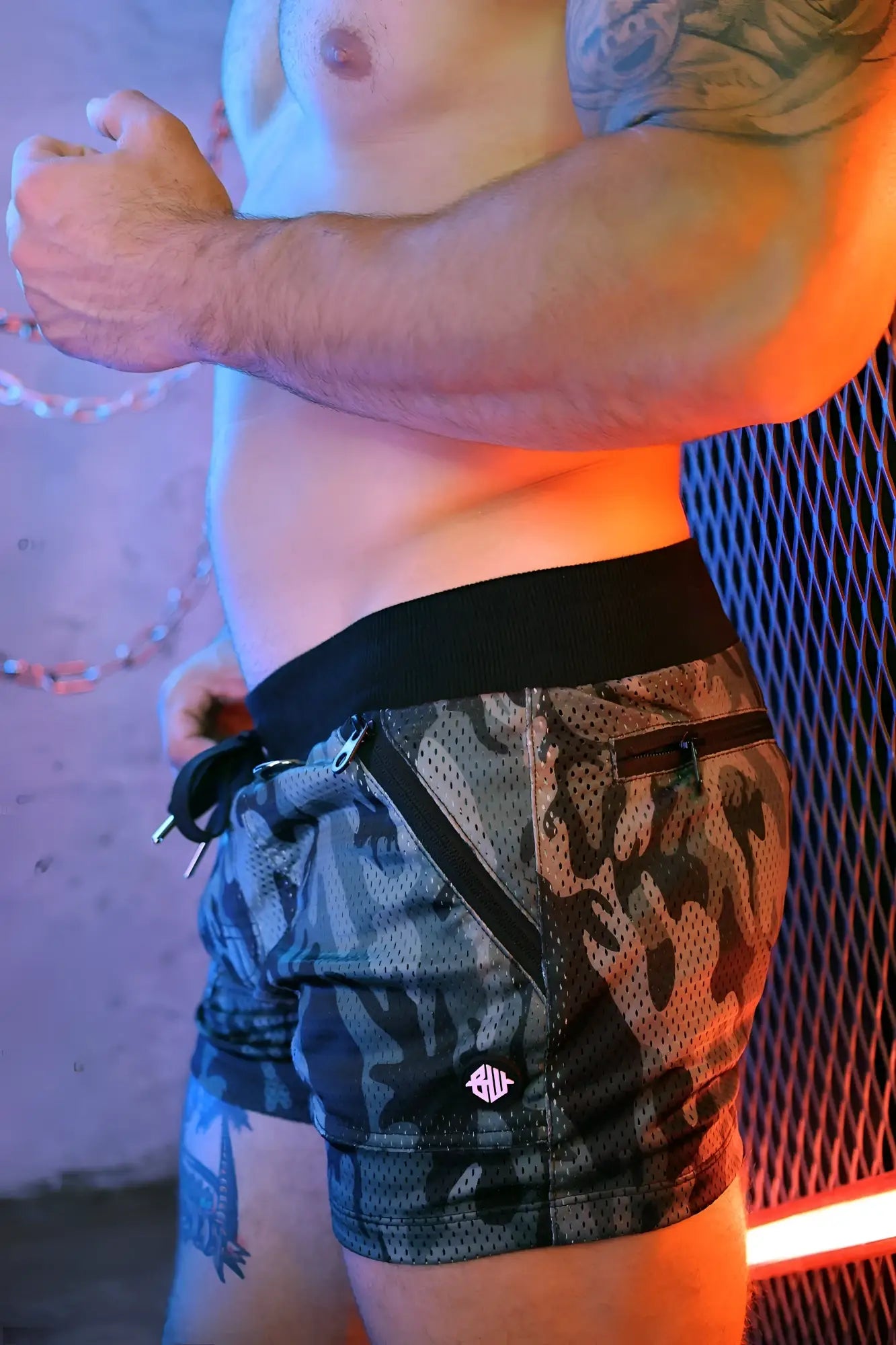 Hook up shorts black and gray camouflage mesh shorts with black elastic waistband for casual wear