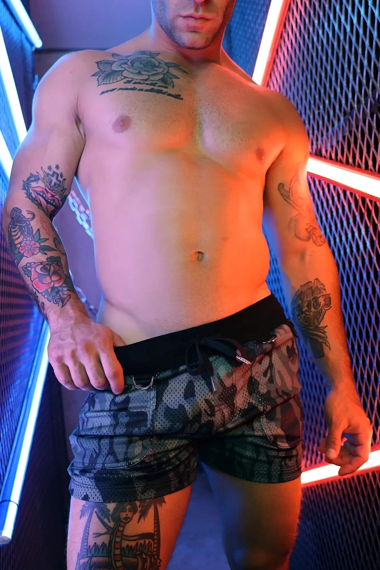 Hook up shorts featuring black and gray camouflage pattern with a black elastic waistband for casual wear