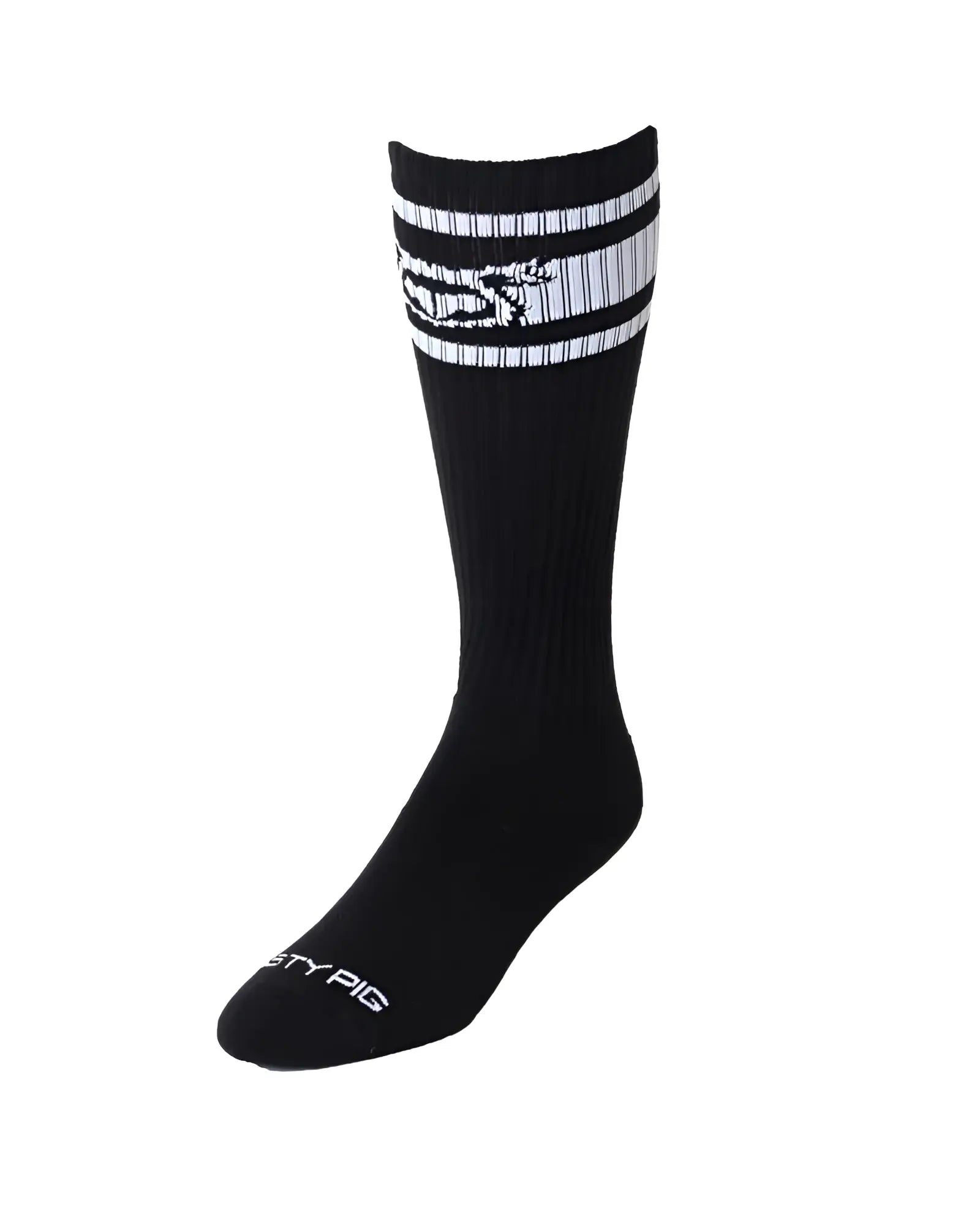 Black ribbed hookd up sock with white striped cuff and stylized pig logo featuring sty pig branding on the toe