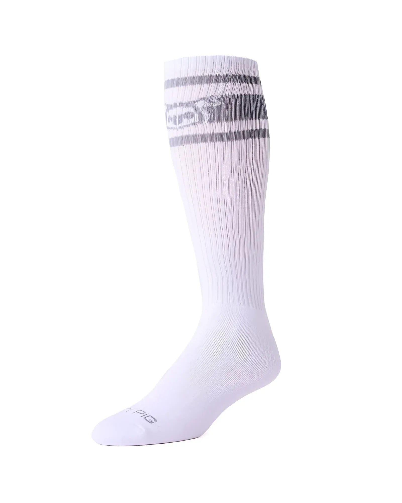 White ribbed knee-high sock with gray stripes and subtle logo near the top from hook’d up sock collection