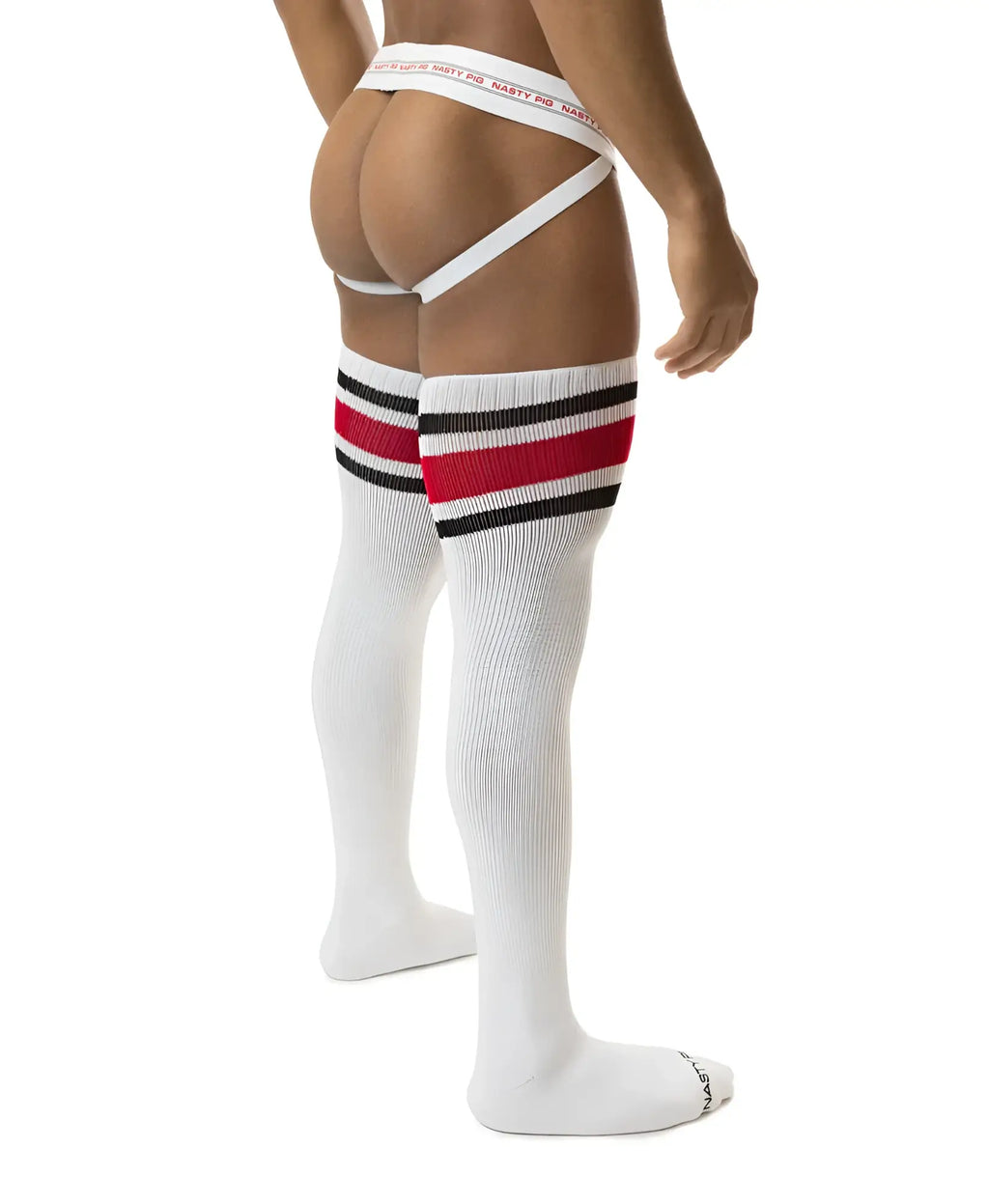 Hookd up thigh high sock in white knee-high design with bold red and black stripes and nasty go branded waistband