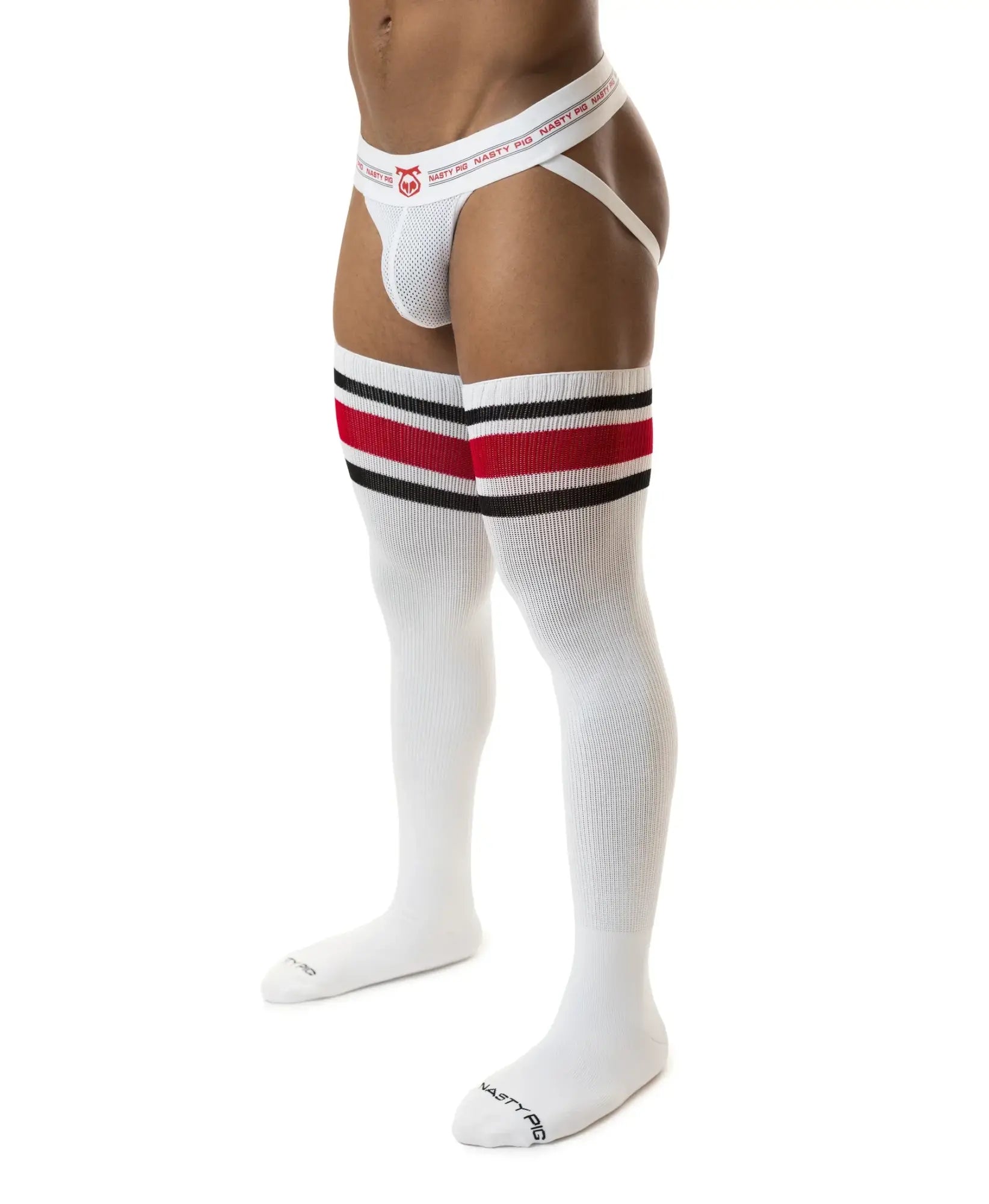 White hook’d up thigh high socks with red and black stripes mesh design and branded waistband
