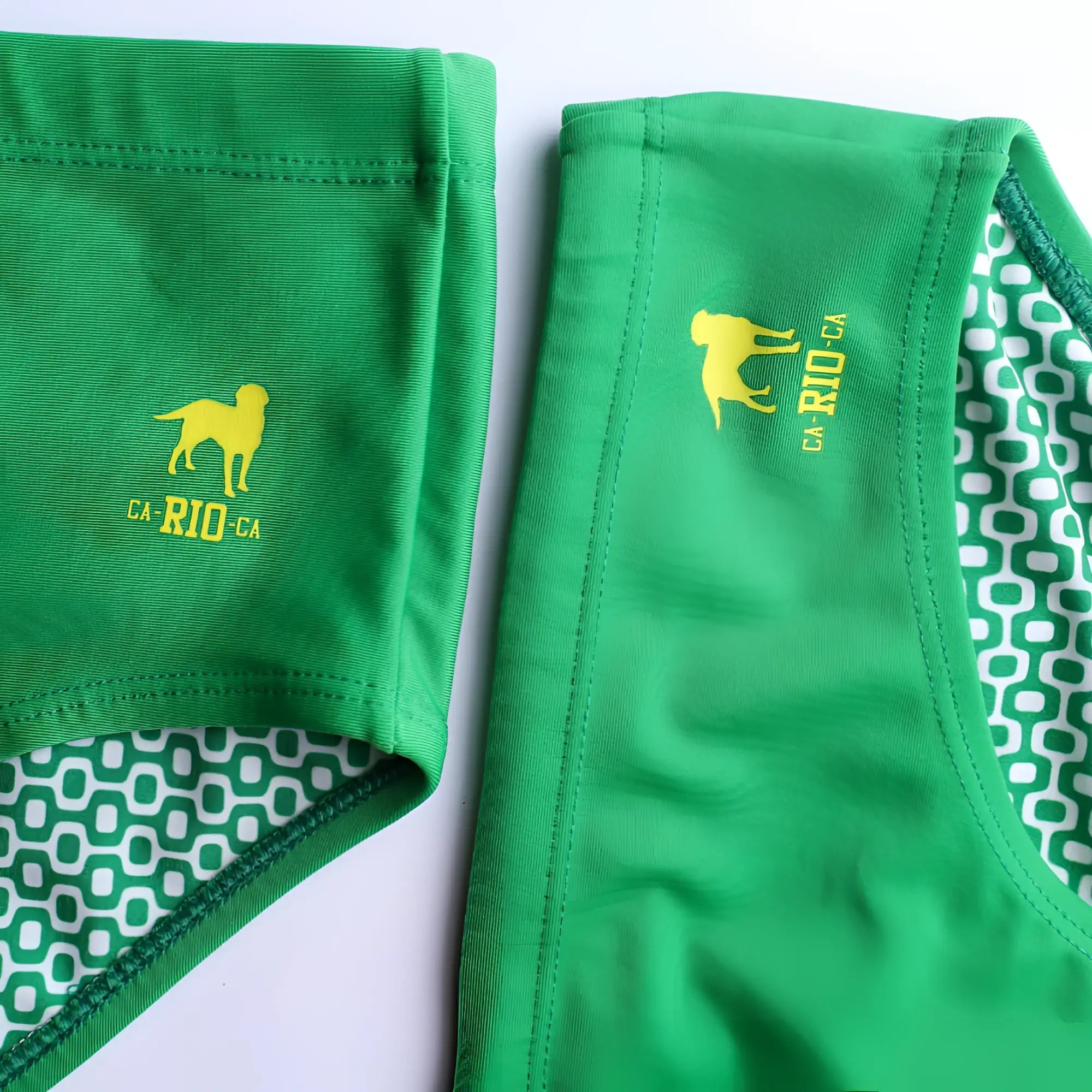 Hortelã green solid men’s swimming sunga with yellow dog ca-rio-ca logo waistband and white geometric lining