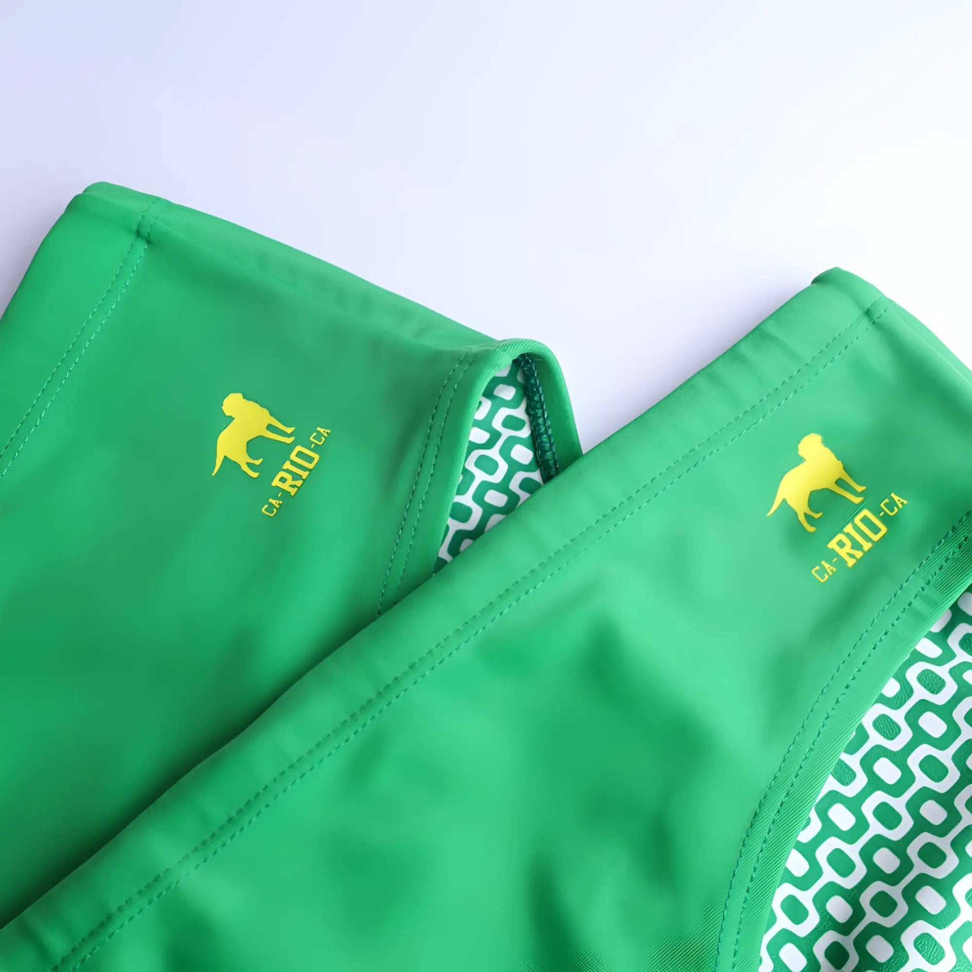 Hortelã green solid men’s swimming sunga with yellow dog logo and white geometric pattern lining for beachwear