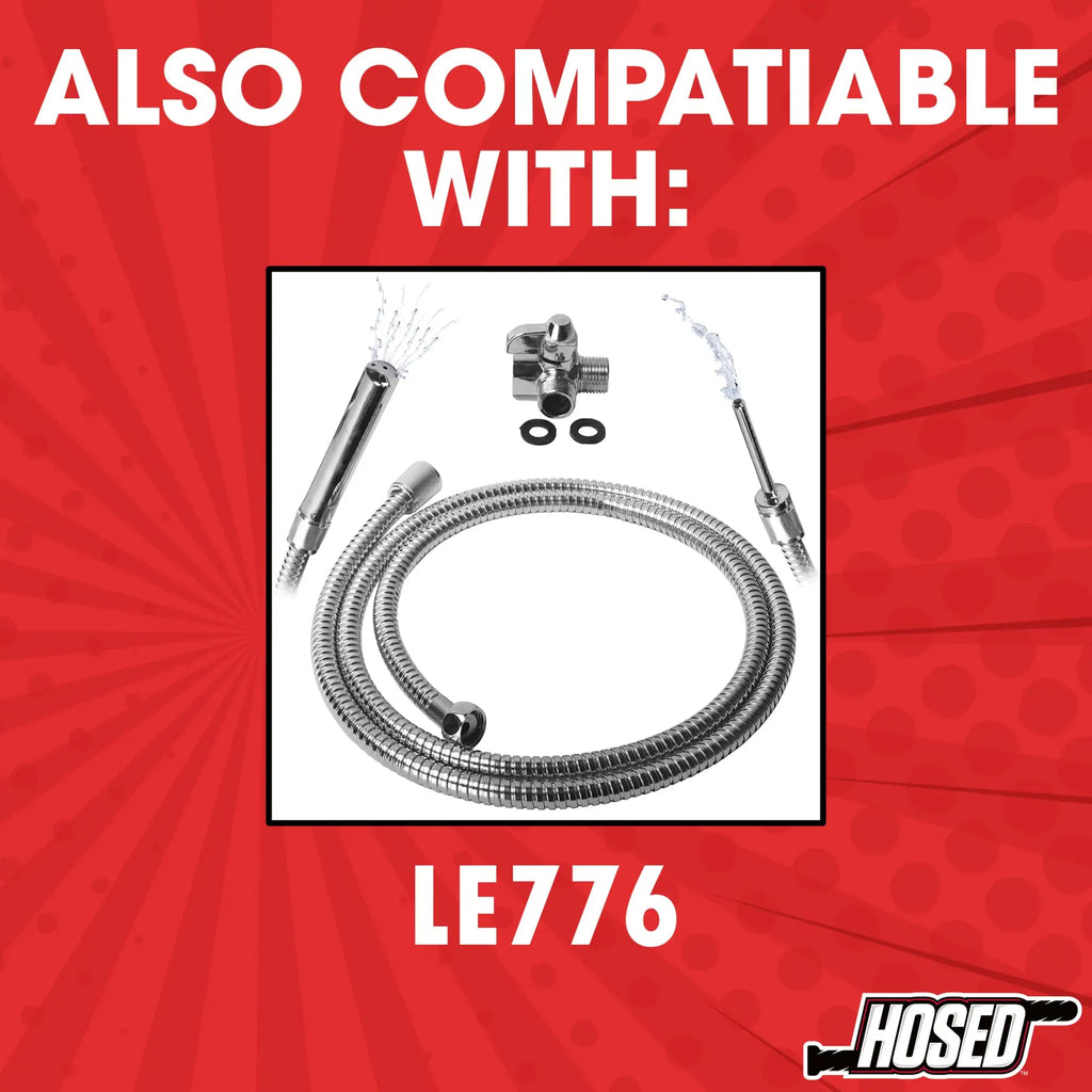 Hosed 12" Slim Silicone Enema Hose kit with a silver metallic flexible hose, adapter, and nozzle attachments.
