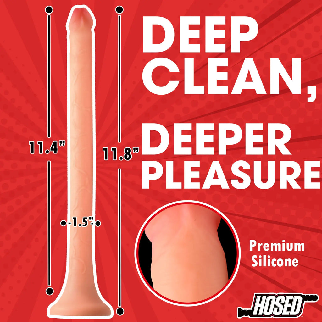 Hosed 12" slim silicone enema hose in a light peach color, shown with dimensions on a red background.