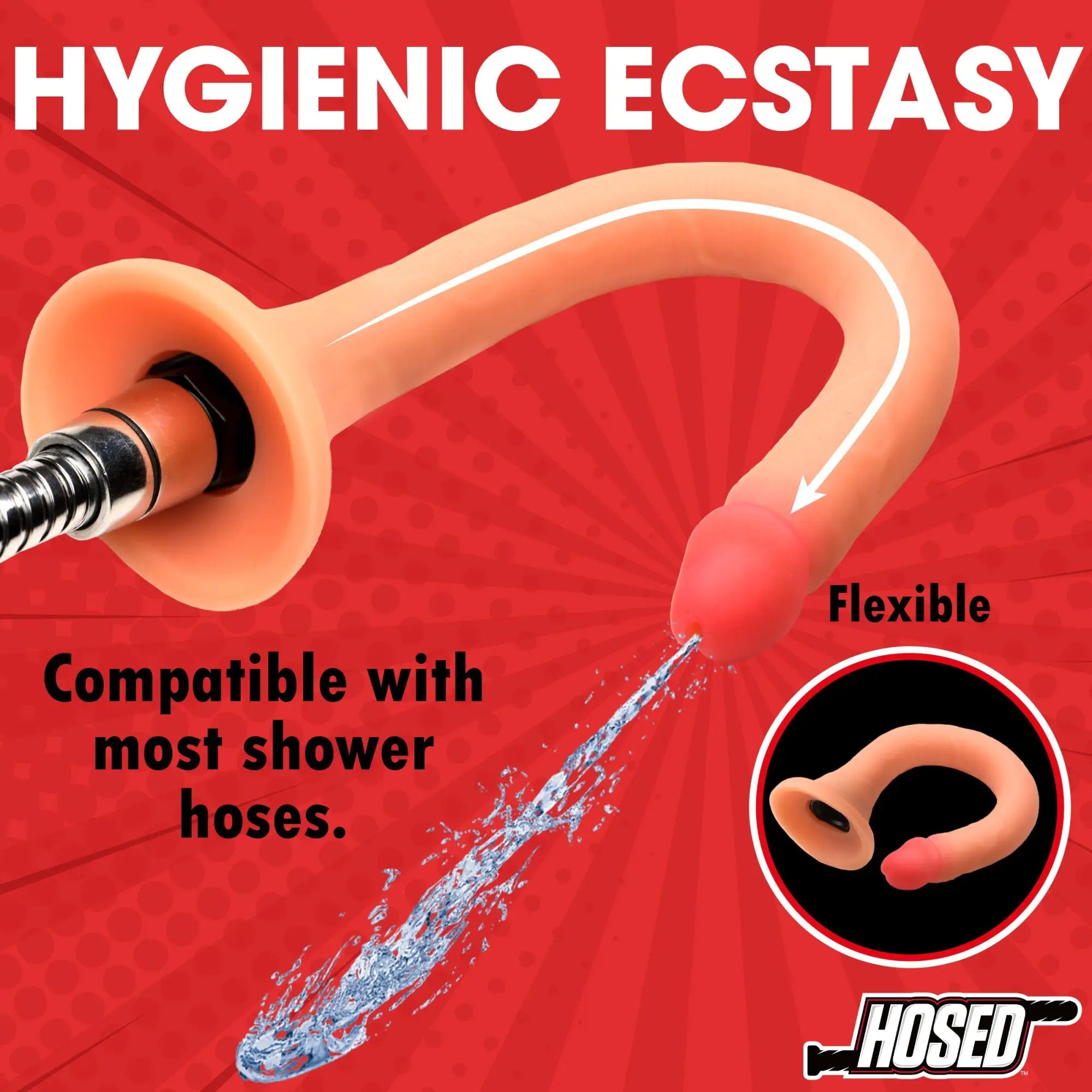 Hosed 12" Slim Silicone Enema Hose: A flexible, peach-colored silicone hose spraying water against a red background.