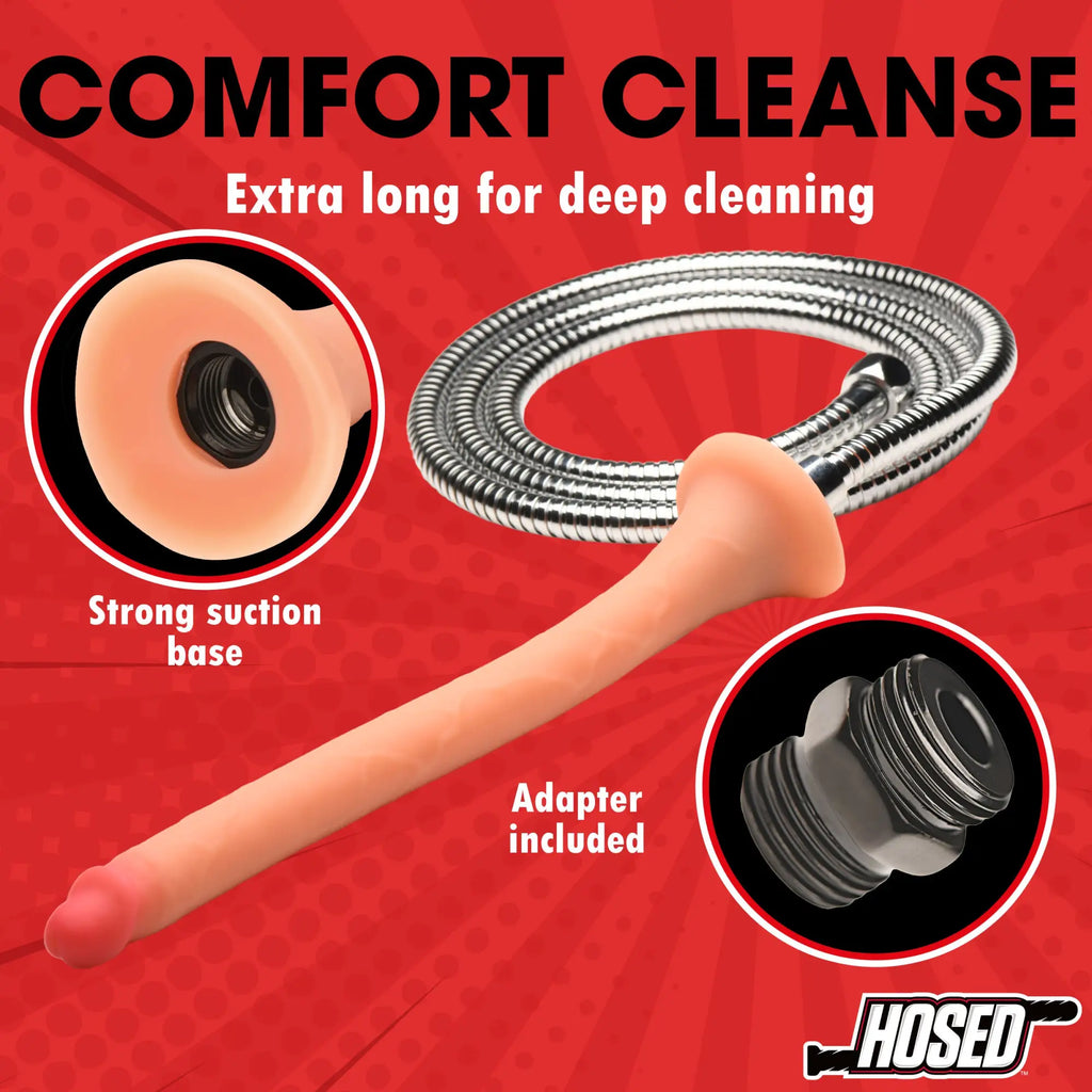Hosed 12" Slim Silicone Enema Hose: peach-colored silicone nozzle with suction base, metal hose, and included adapter.