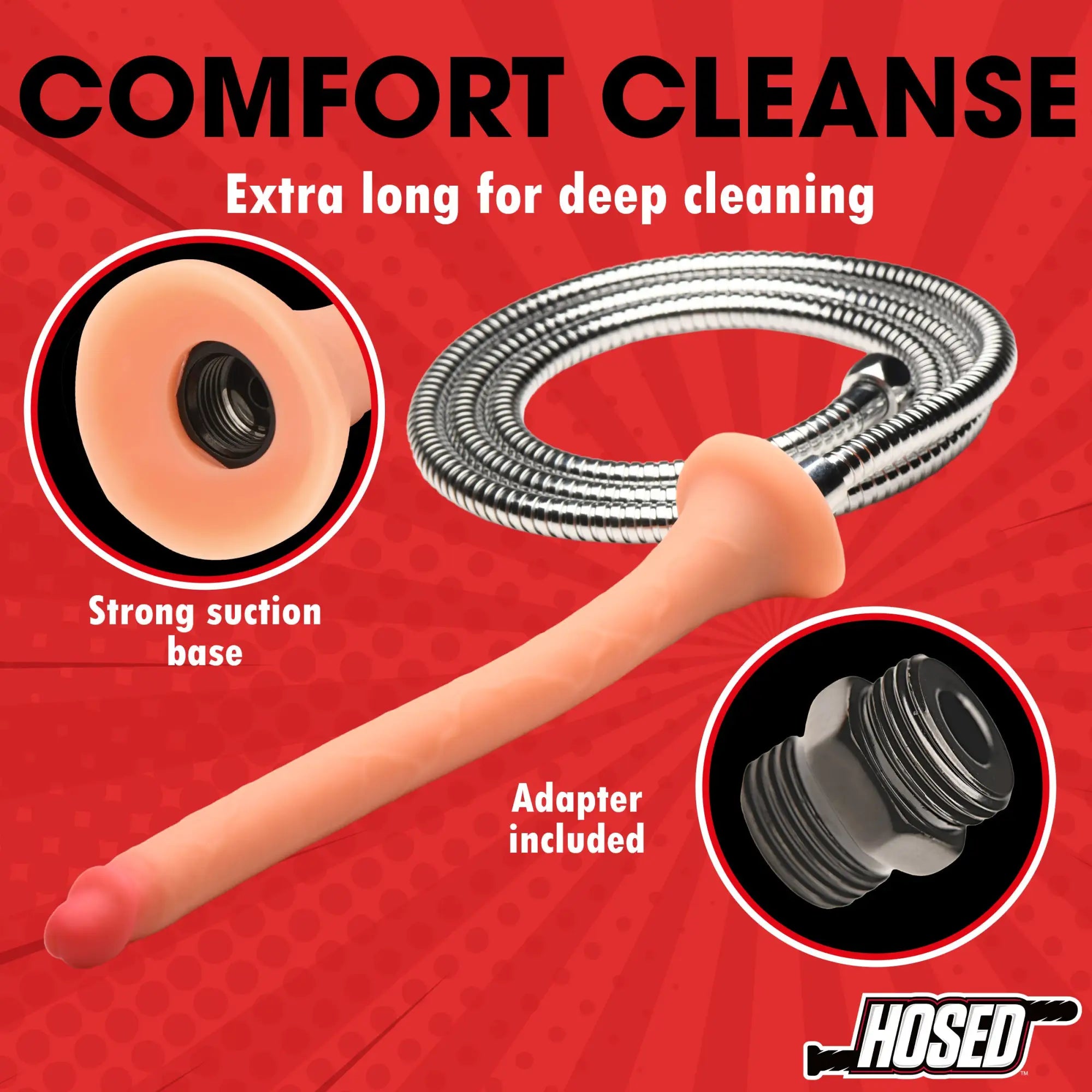 Hosed 12" Slim Silicone Enema Hose: peach-colored silicone nozzle with suction base, metal hose, and included adapter.