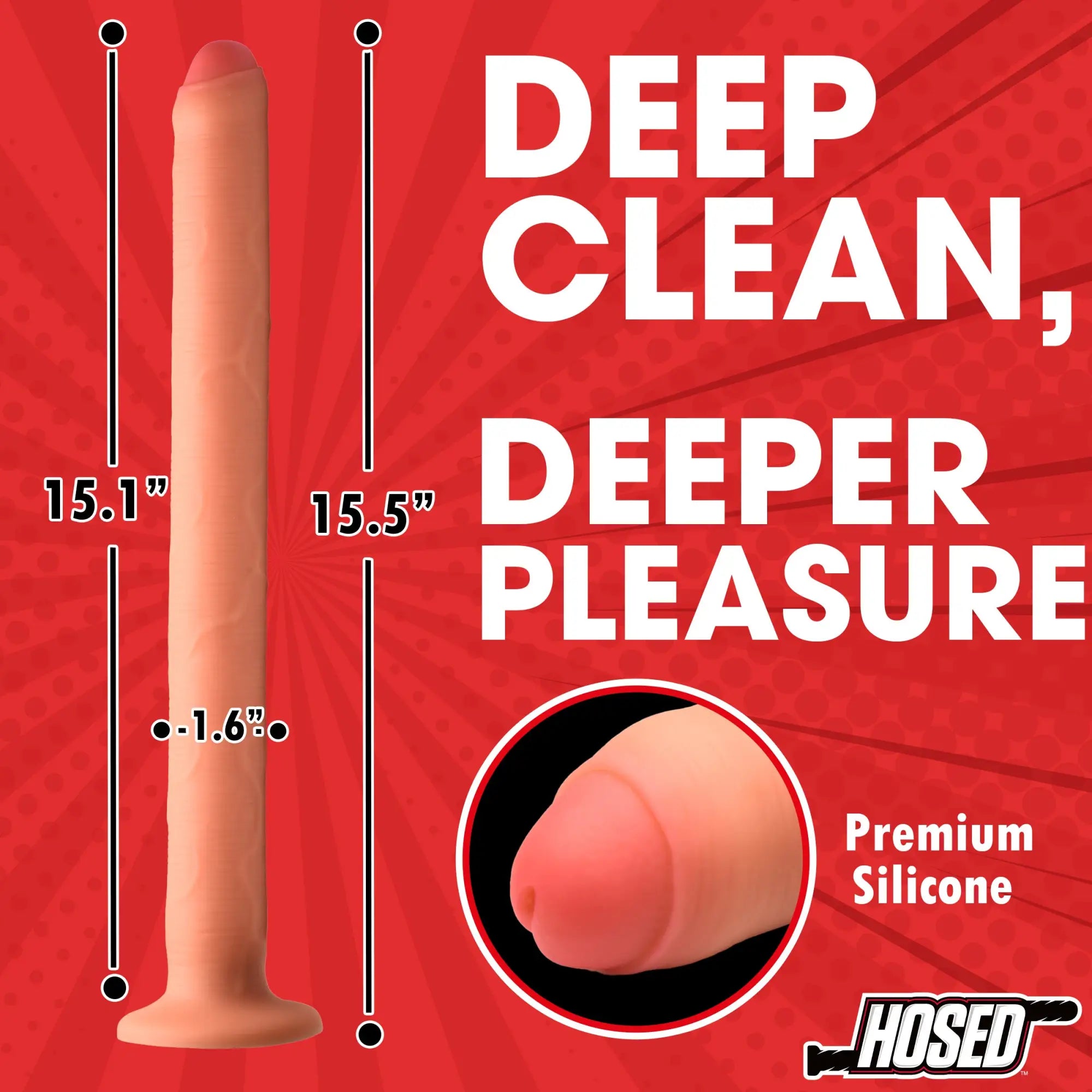 Hosed 15" thick enema hose in tan silicone with measurement lines shown on a red background.