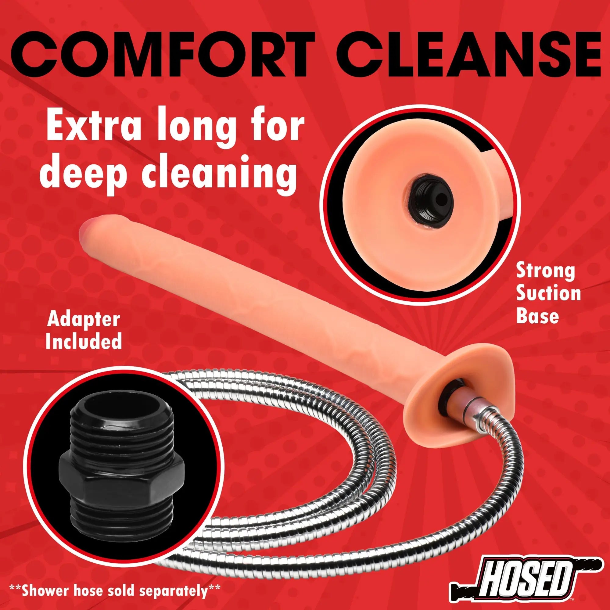 Hosed 15" thick enema hose in peach, featuring a suction base and an included black threaded adapter.