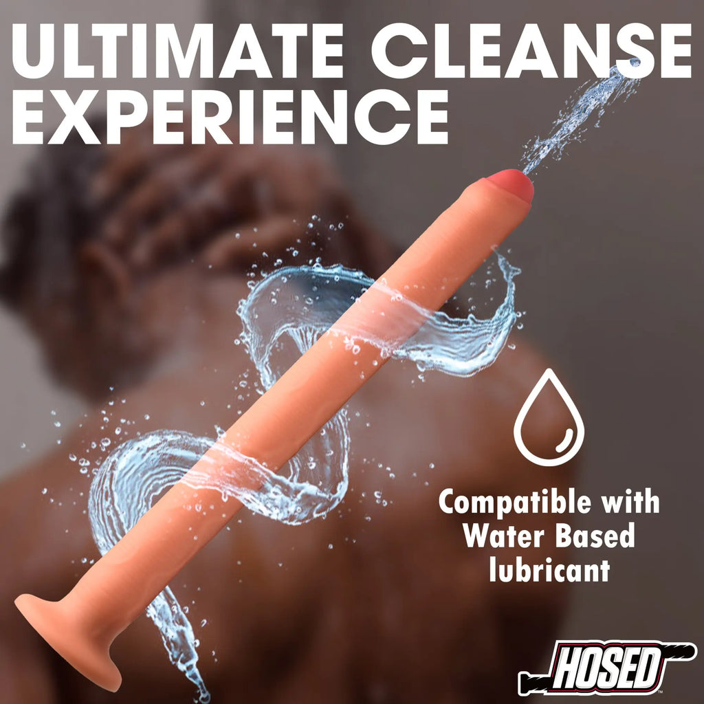 Hosed 15" Thick Enema Hose: a tan, textured silicone nozzle spraying water, shown with product compatibility icons.