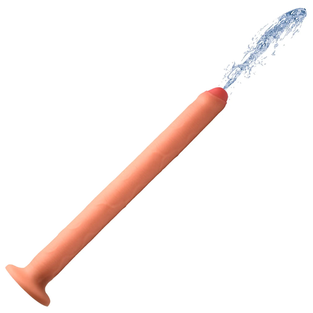 Hosed 15" thick flesh-toned enema hose with a flared base, spraying a stream of water from the rounded tip.