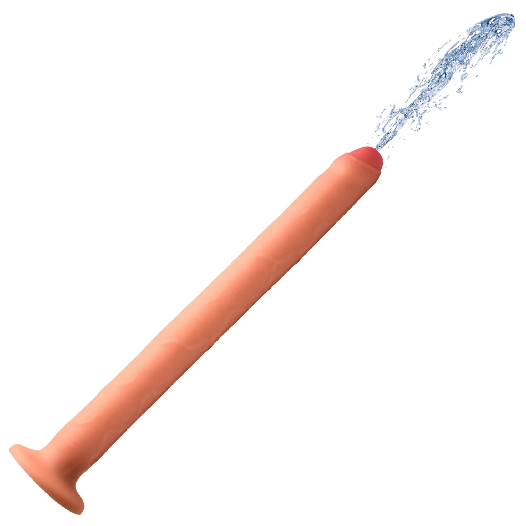 Hosed 15" thick flesh-toned enema hose with a flared base, spraying a stream of water from the rounded tip.