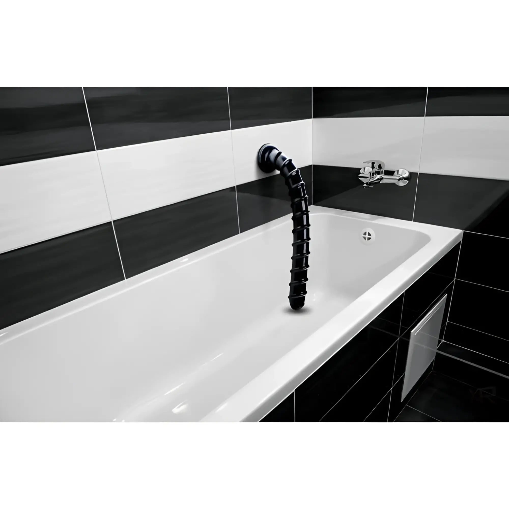 Hosed 18-inch black swirl thick anal snake mounted on a bathroom wall above a white tub with black and white tile.