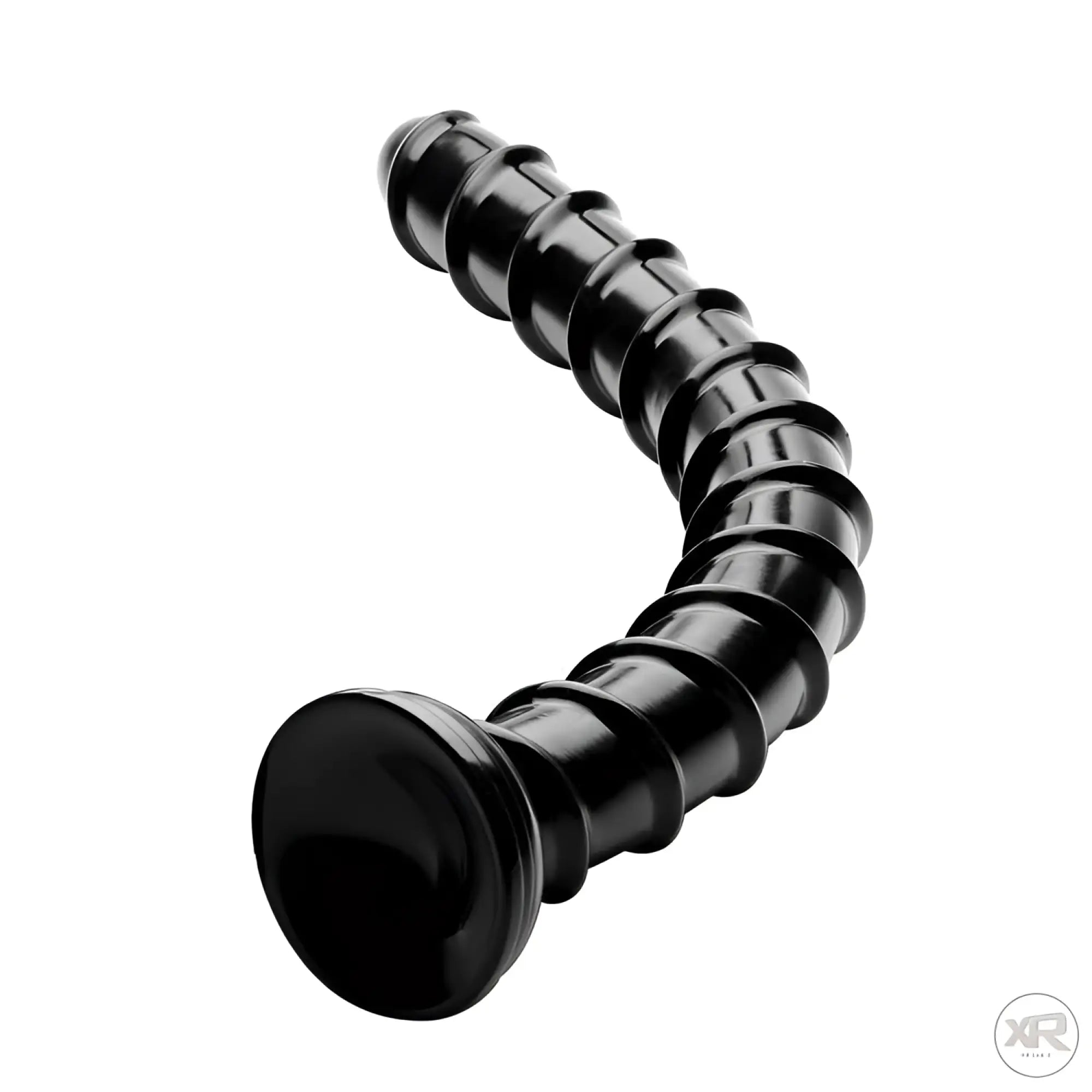 Black 18-inch Hosed Hosed swirl anal snake with a thick, ribbed, coiled design and a flared base on a white background.