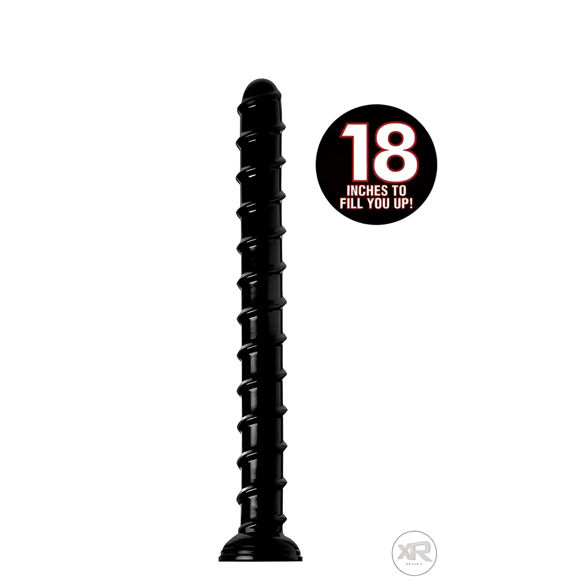 Hosed 18-inch black silicone anal snake with a thick, ridged spiral texture and a flared base on a white background.