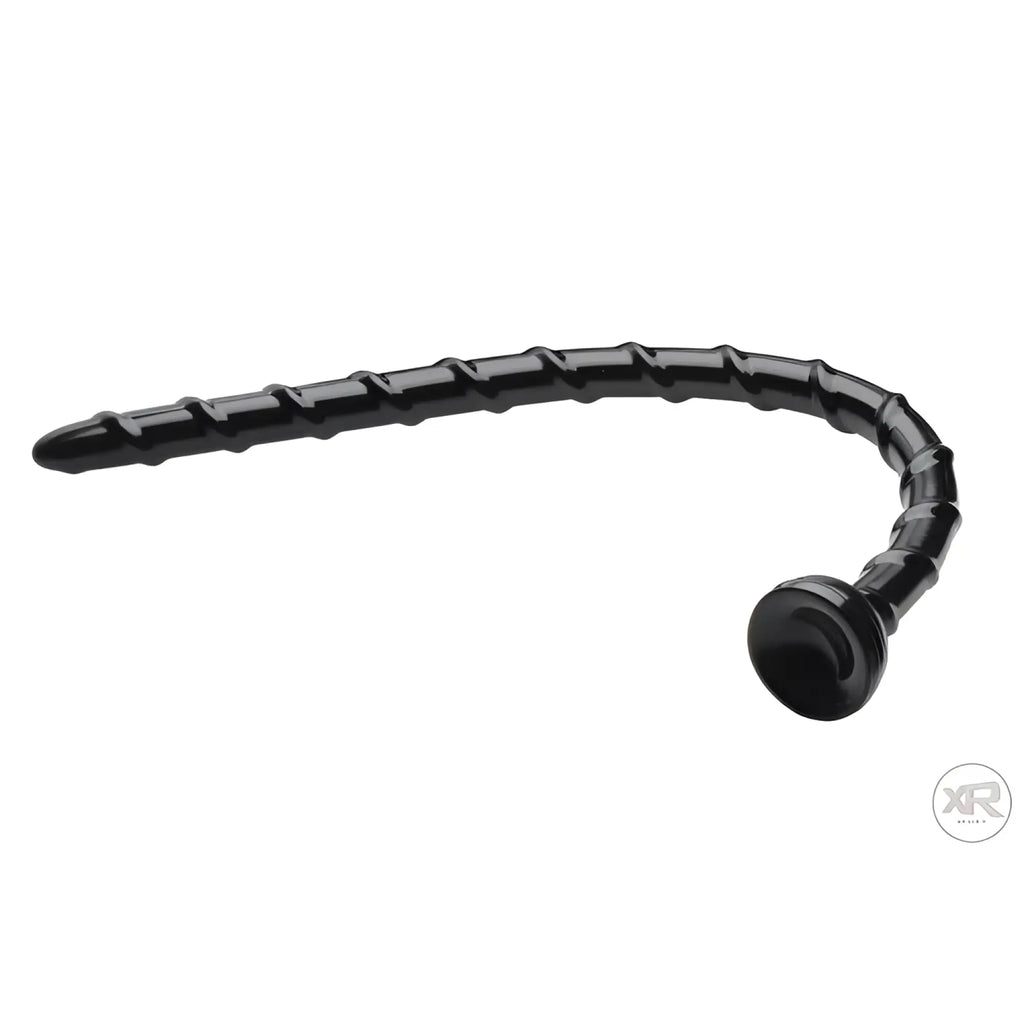Hosed 18-inch thin anal snake in glossy black, featuring a flexible, swirling ridged design with a round base.
