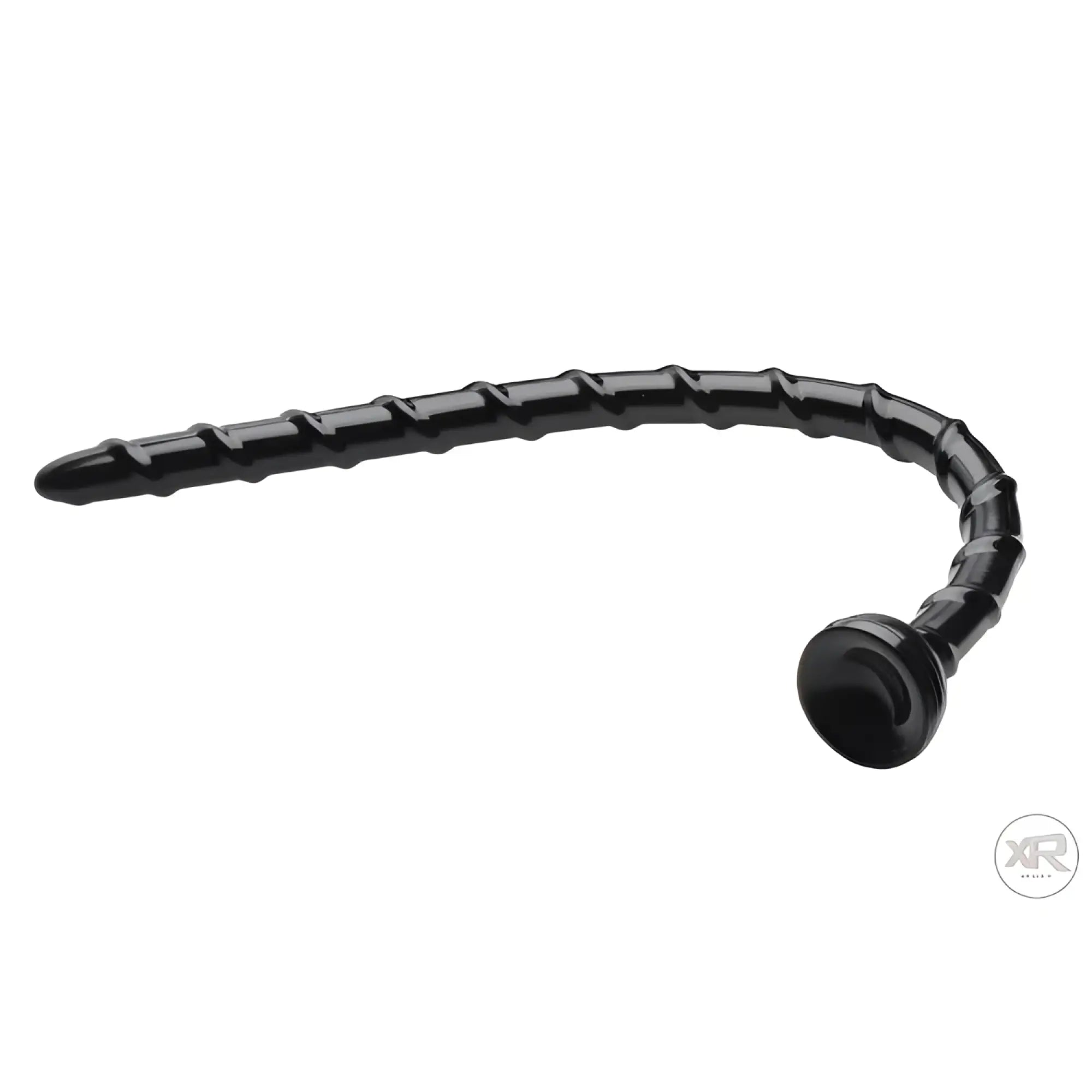 Hosed 18-inch thin anal snake in glossy black, featuring a flexible, swirling ridged design with a round base.