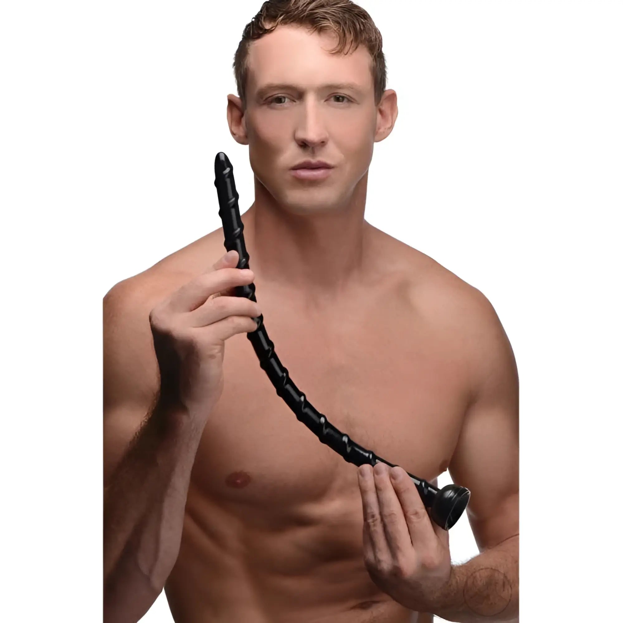 Shirtless man holding a black, 18-inch Hosed Swirl Thin Anal Snake, a long, flexible toy with a spiral design.