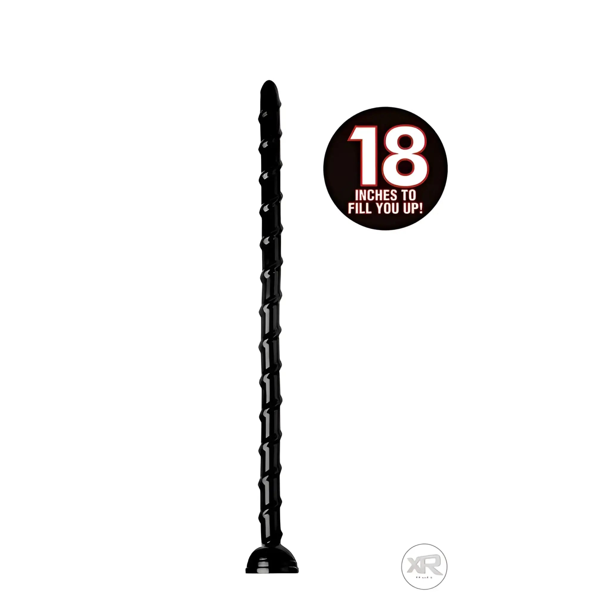 Hosed 18-inch black, thin, spiral-textured anal snake with a base, next to a black "18 inches" circular label.