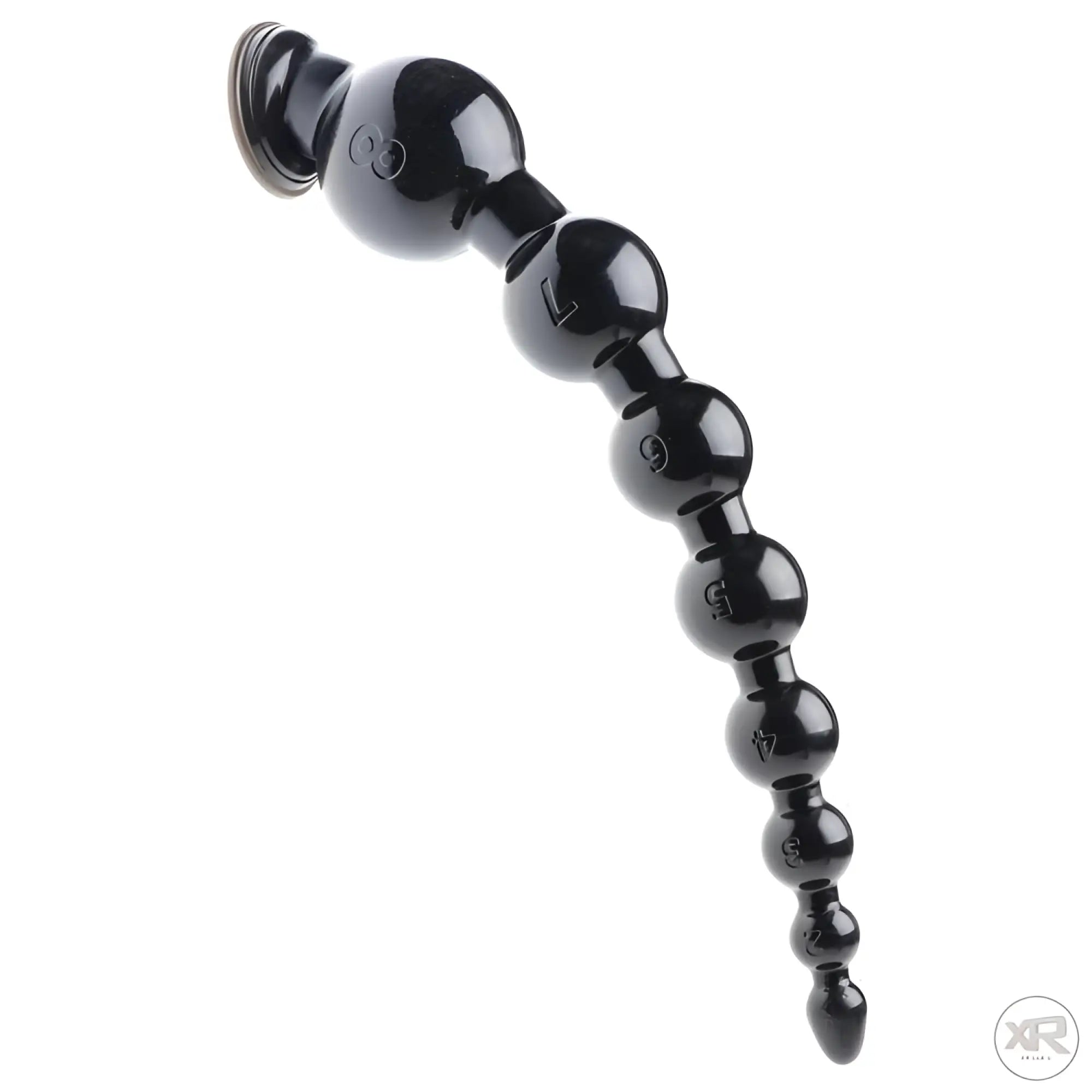 Hosed 19" black graduated beaded anal snake with numbered, increasing bead sizes and a suction cup base.