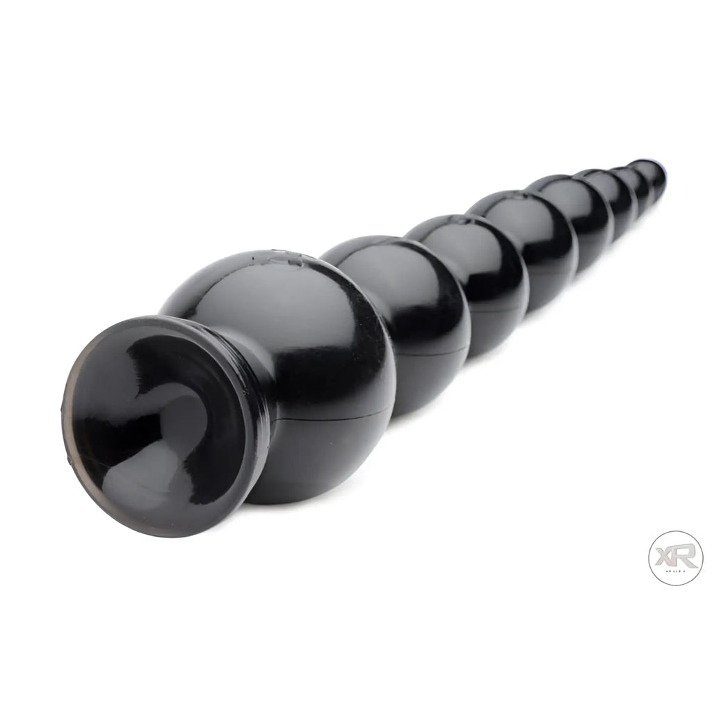 Hosed 19" Graduated Beaded Anal Snake: a long, black, tapered toy with multiple spheres and a suction cup base.