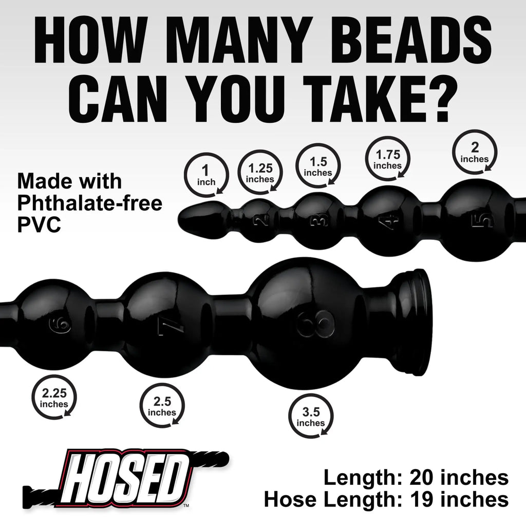 Hosed 19" Graduated Beaded Anal Snake: A black, phthalate-free PVC beaded toy showing diameter measurements 1 to 3.5".