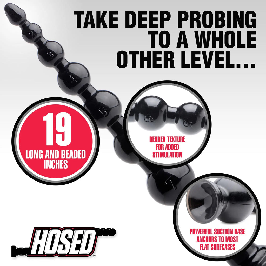 Black Hosed 19" graduated beaded anal snake with numbered beads, textured finish, and a suction cup base.