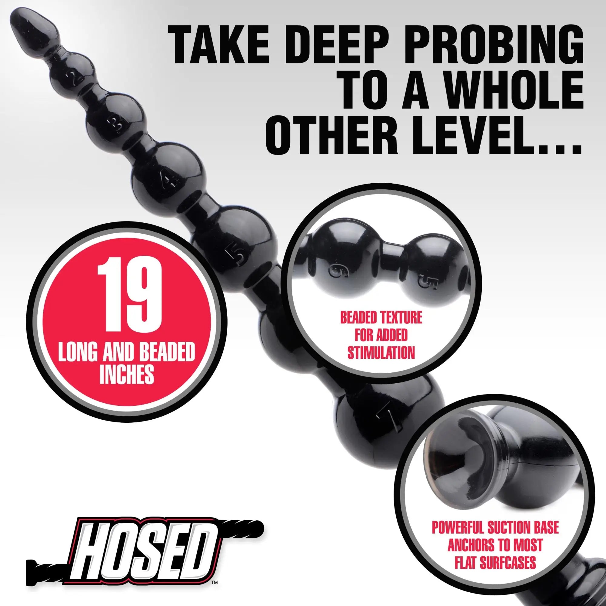Black Hosed 19" graduated beaded anal snake with numbered beads, textured finish, and a suction cup base.