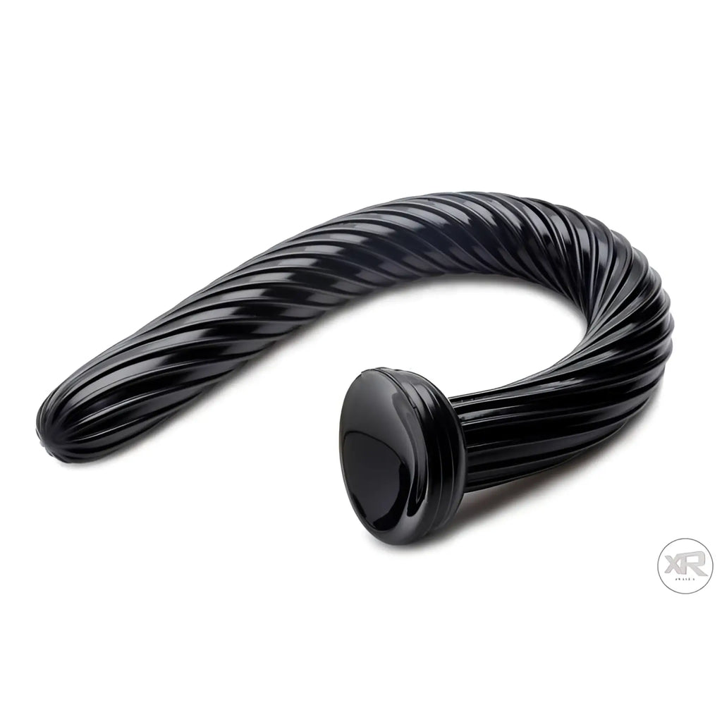 Black 19-inch Hosed anal snake with a flexible, spiraled ribbed design and a flat circular base.