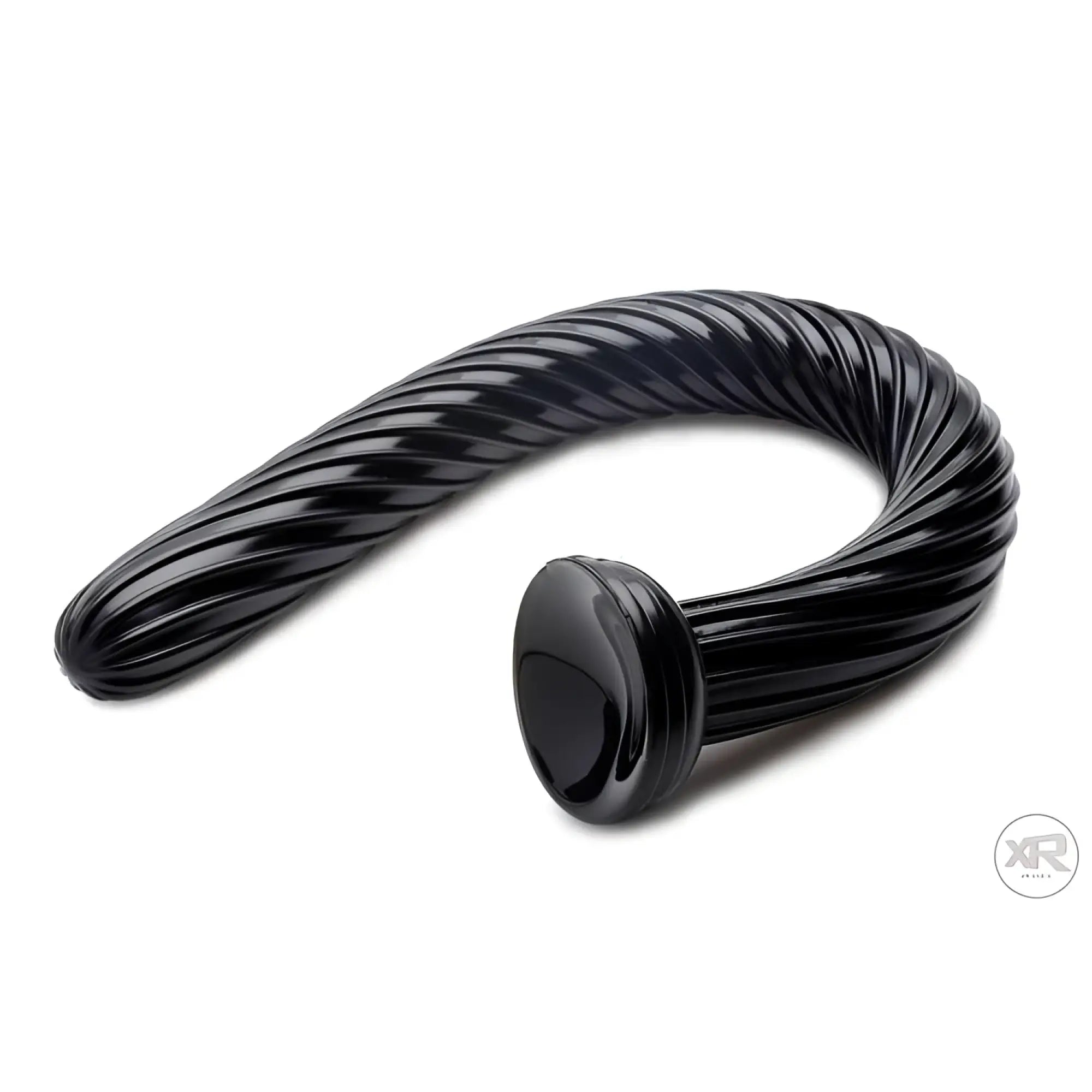 Black 19-inch Hosed anal snake with a flexible, spiraled ribbed design and a flat circular base.