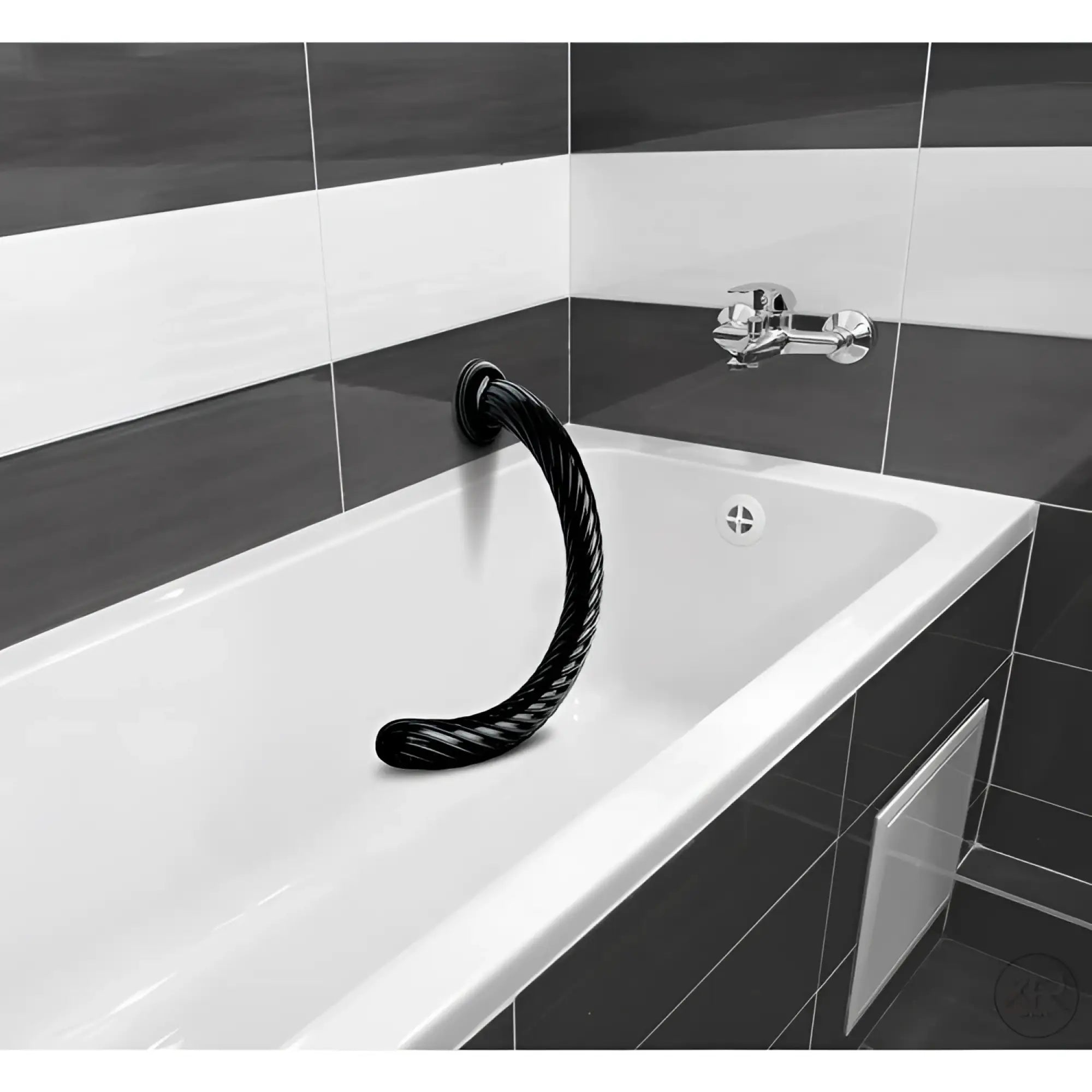 Hosed 19-inch black, spiraled-texture anal snake suctioned to the side of a white bathtub in a tiled bathroom.
