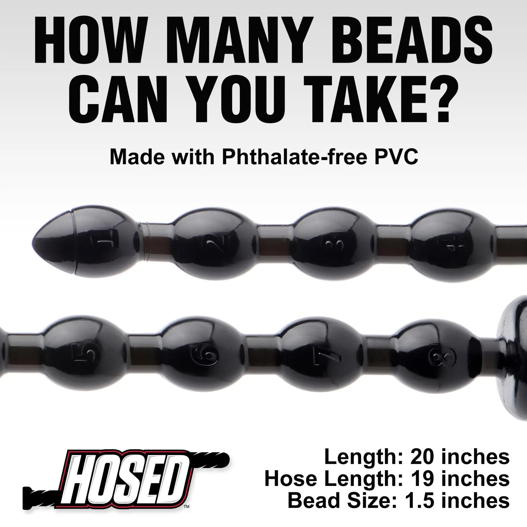 Hosed 19-inch beaded anal snake: a black, numbered PVC toy consisting of a flexible string of large, round beads.