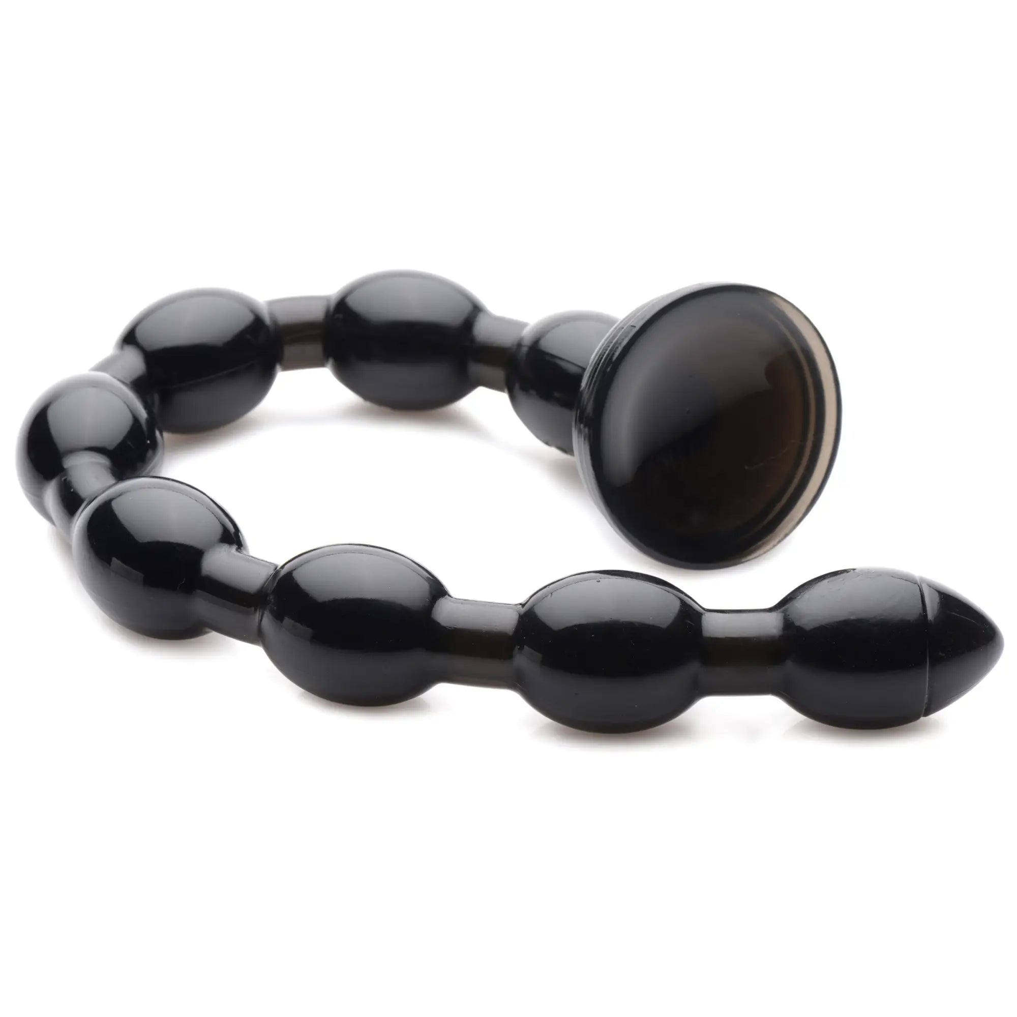 Hosed 19-inch beaded anal snake: a flexible, semi-translucent black toy with rounded beads and a suction cup base.