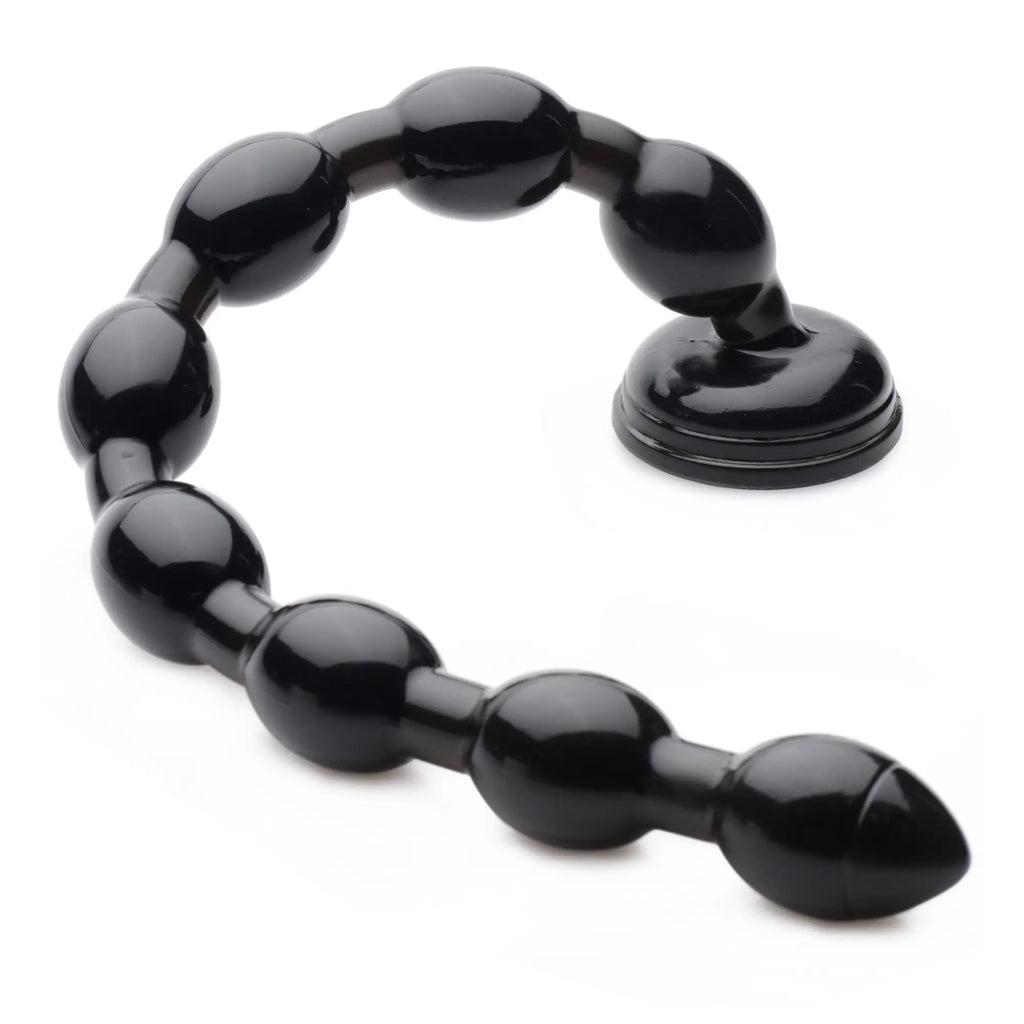 Hosed 19-inch beaded anal snake in glossy black, featuring a series of oval beads and a suction cup base.