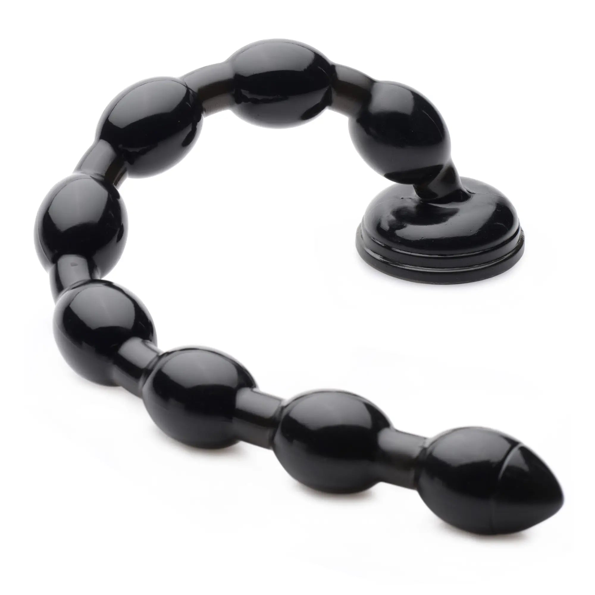 Hosed 19-inch beaded anal snake in glossy black, featuring a series of oval beads and a suction cup base.