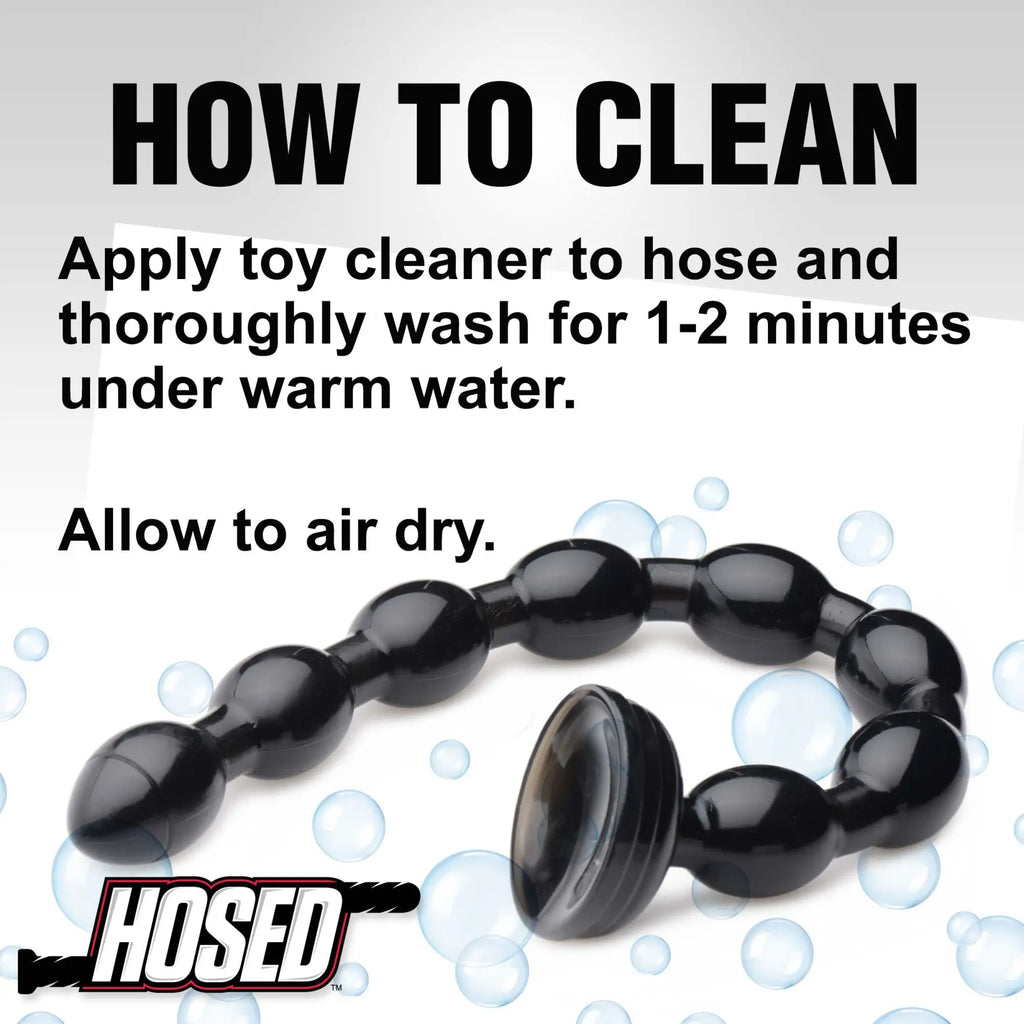 Hosed 19-inch black beaded anal snake toy with a suction cup base, shown with cleaning instructions and bubble graphics.