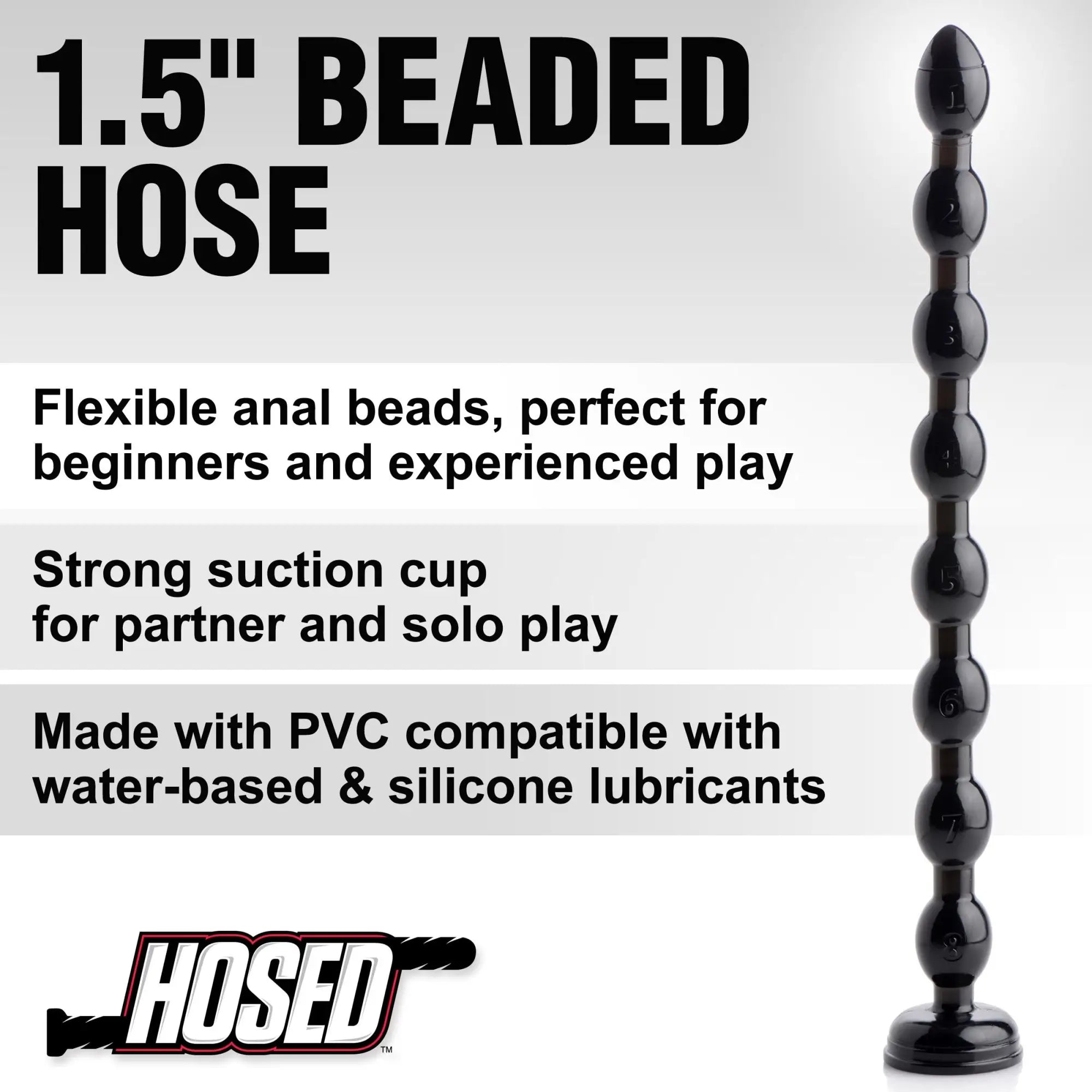 Hosed 19-inch black beaded anal snake with numbered beads and a suction cup base against a white informational background.
