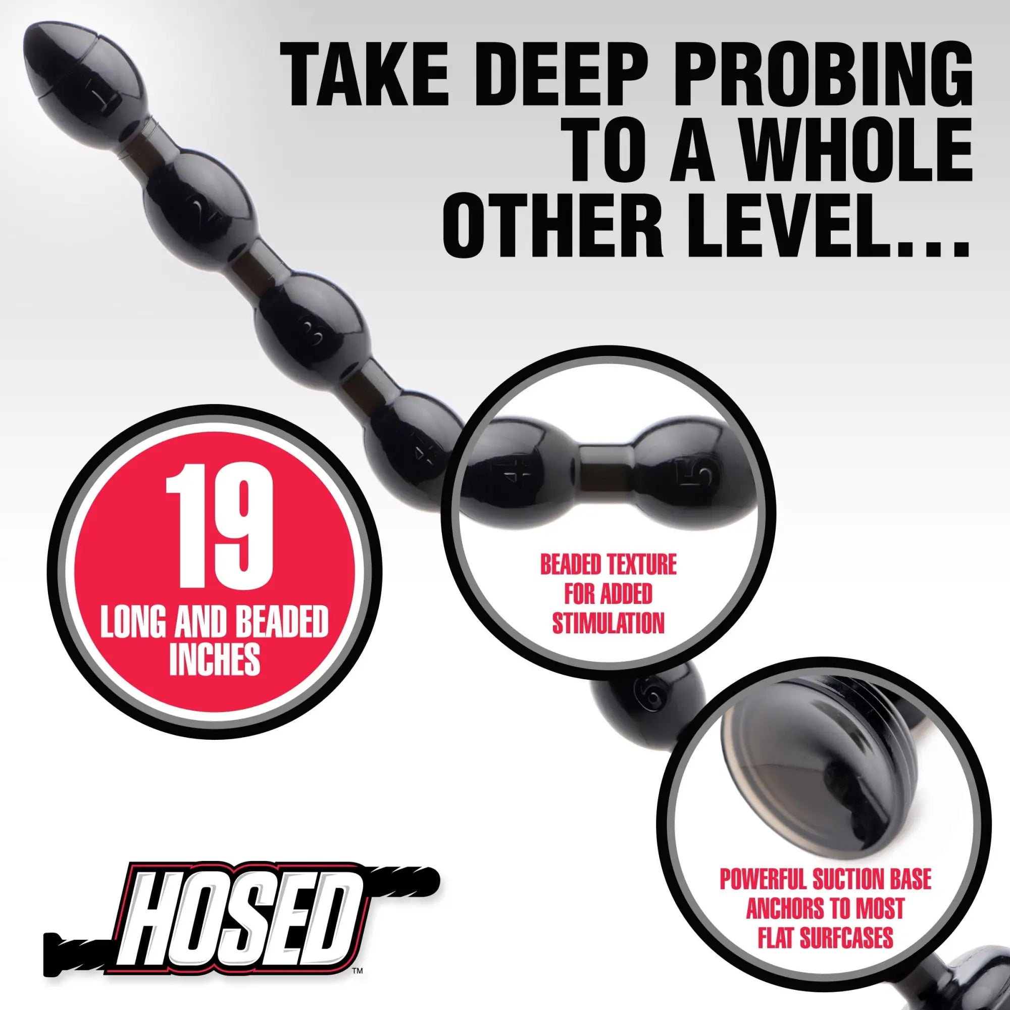 Hosed 19-inch black beaded anal snake with textured beads and a suction cup base.